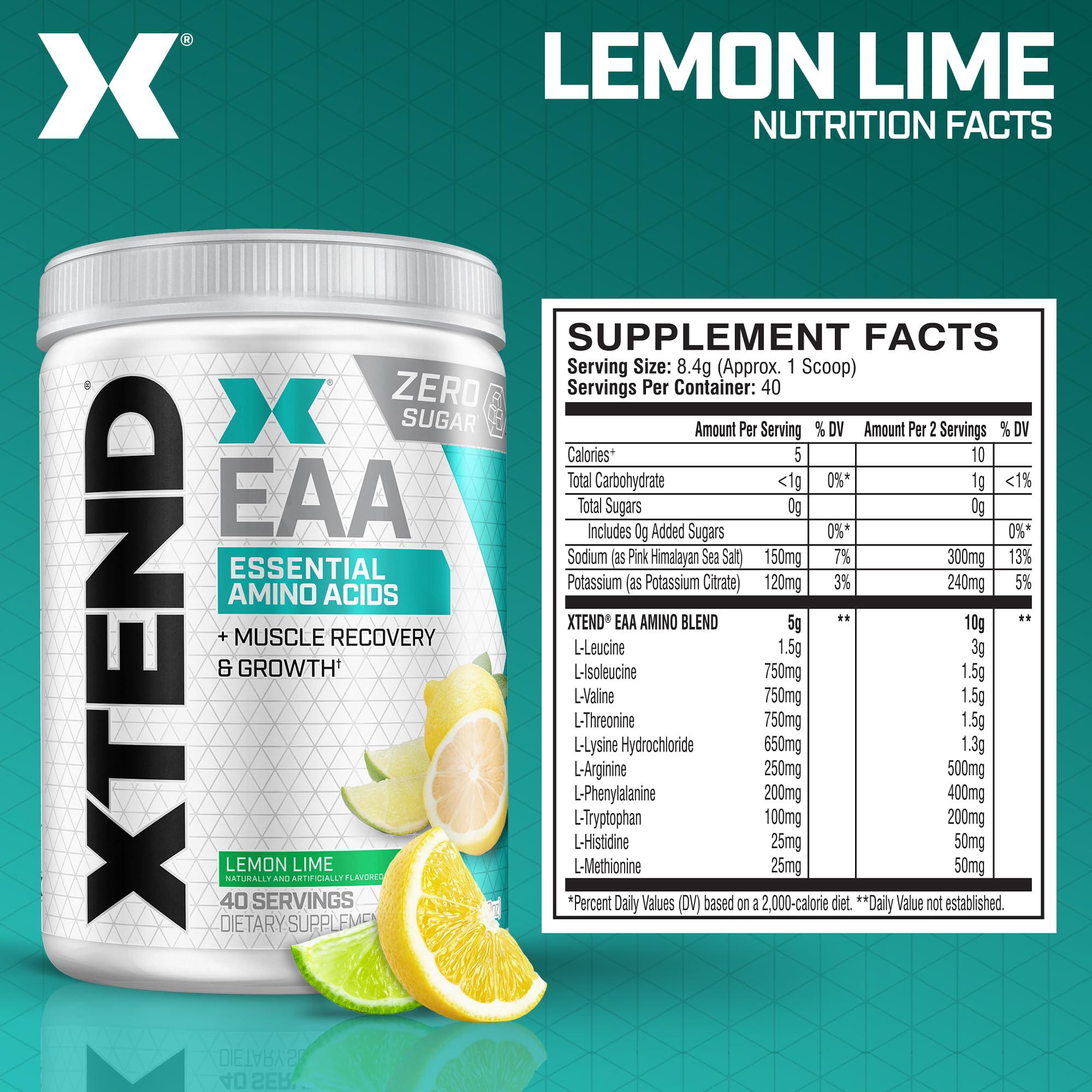 Xtend Scivation EAA + BCAA Powder | 9 Essential Amino Acids | 10g EAAs per 2 Servings | Lemon Lime | 40 Servings