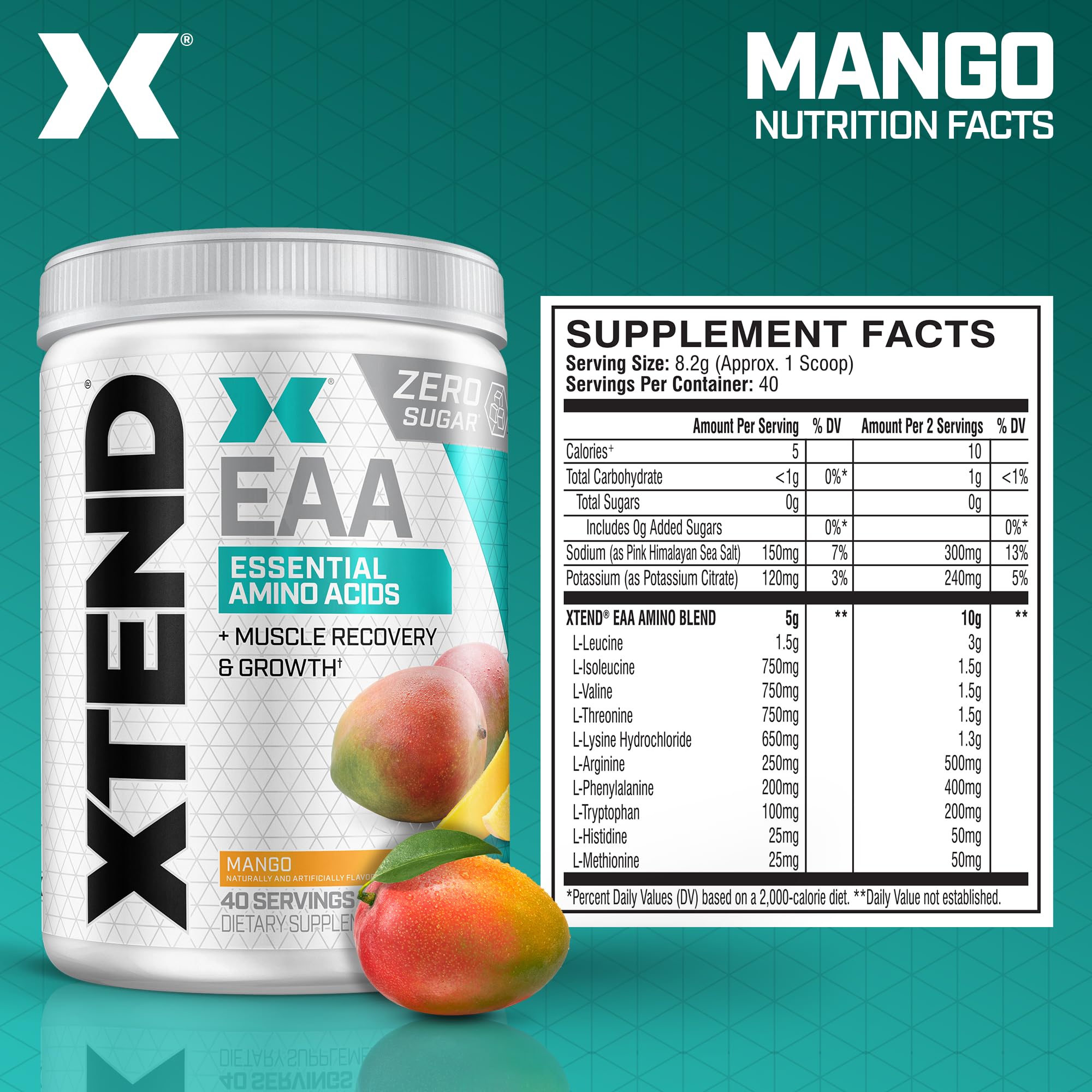 Xtend Scivation EAA + BCAA Powder - 9 Essential Amino Acids, 10g EAAs per 2 Servings, Mango, 40 Servings