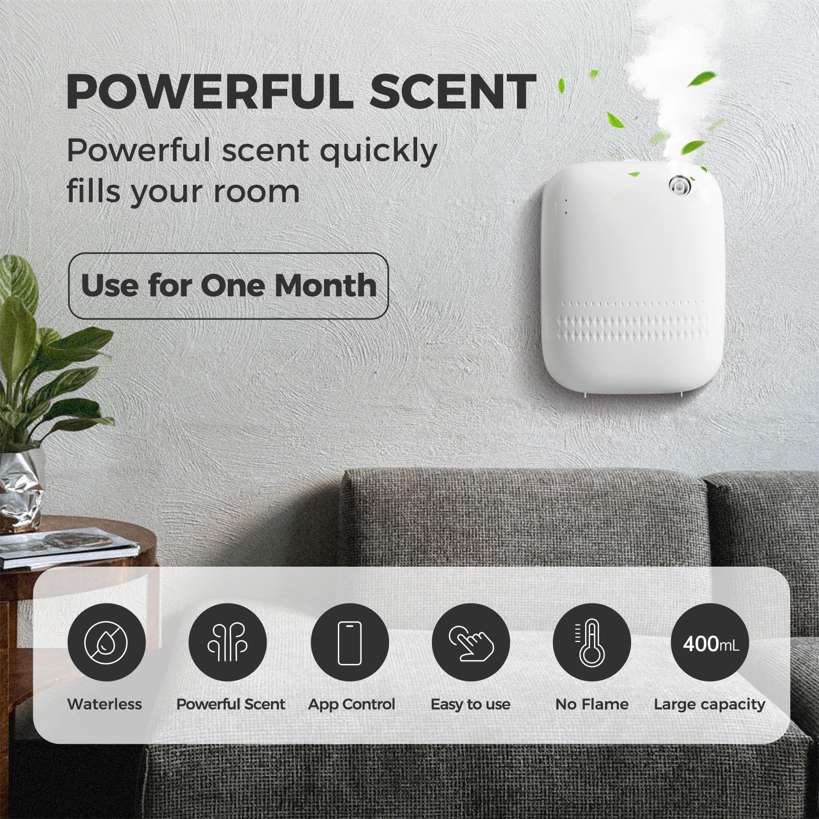 XunliAero Waterless Essential Oil Diffuser — 2000 Sqft Coverage, Wall & Desktop, 400ml, Smart App