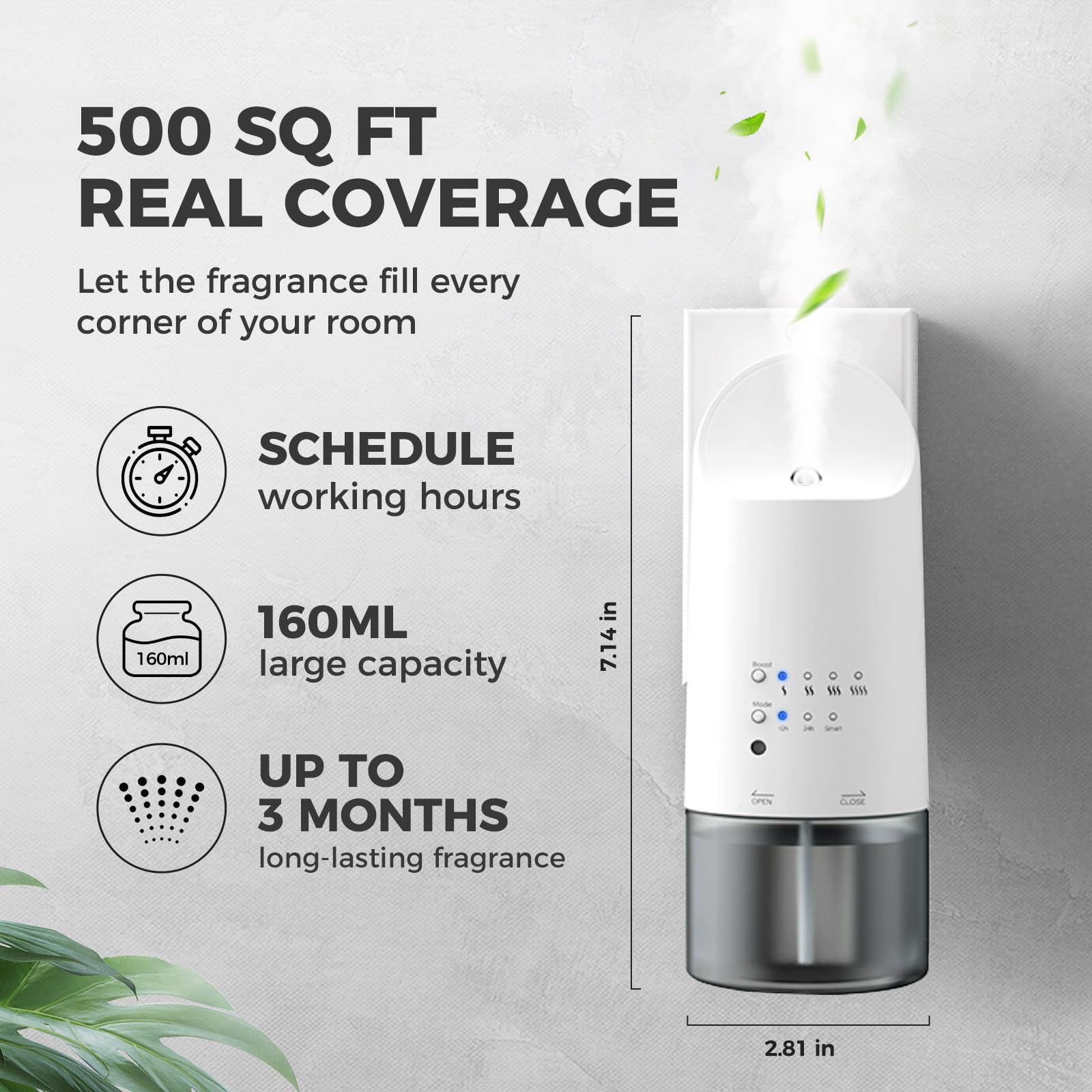 XunliAero Plug-in Waterless Diffuser — 500 sq ft Coverage, Nano Mist, Auto Day/Night, 160 ml