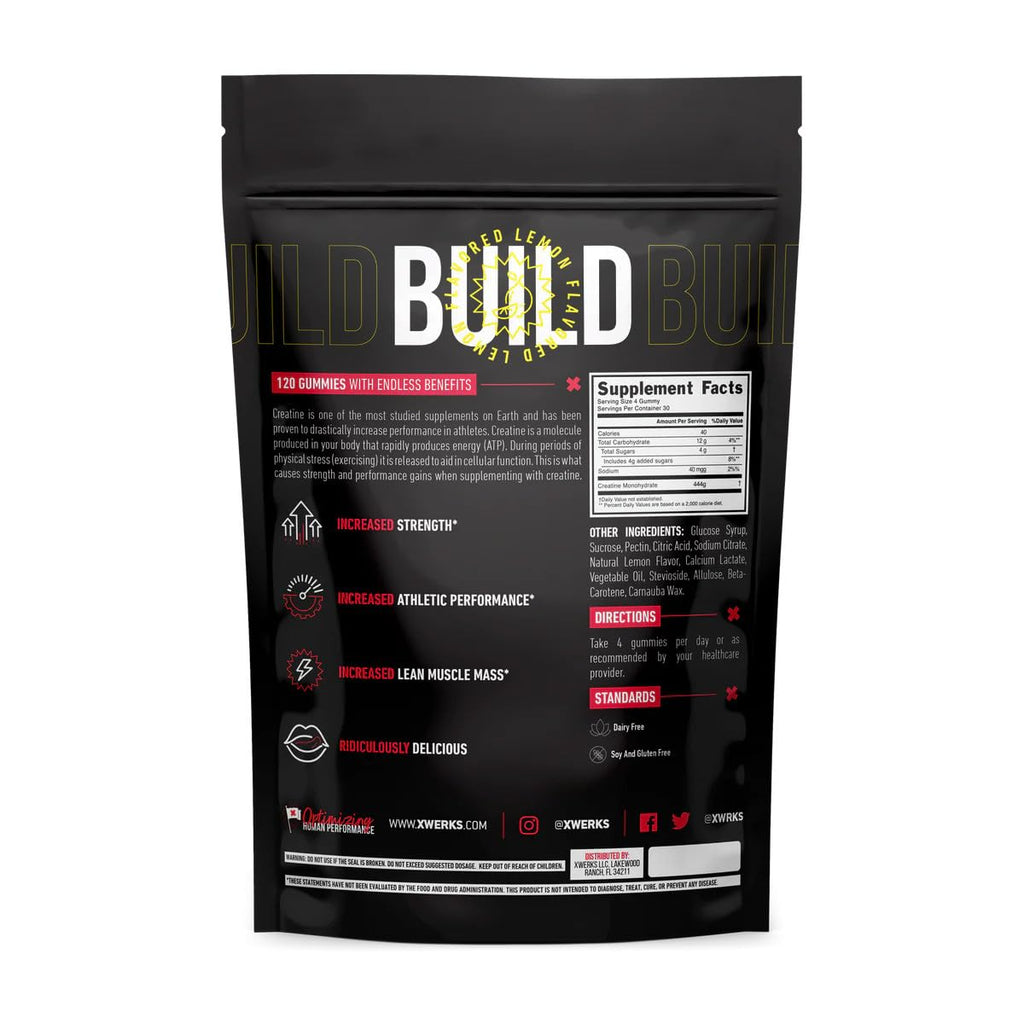 Xwerks Build Creatine Gummies for Men and Women – 120 Count, 1g per Gummy, Lemon Flavor, 4g Total Creatine per Serving