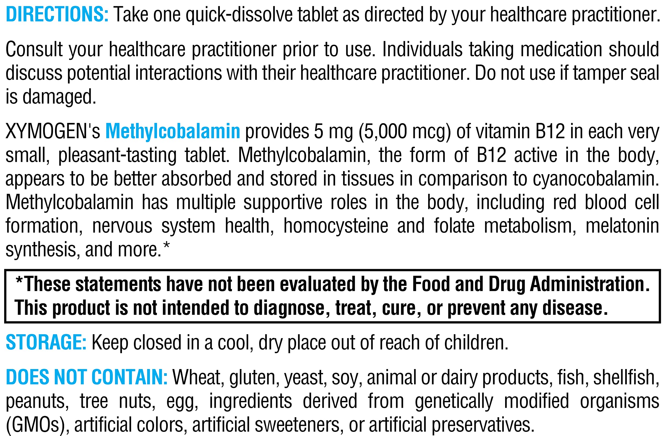 XYMOGEN Methylcobalamin 5,000 mcg Vitamin B12 - 60 Tablets