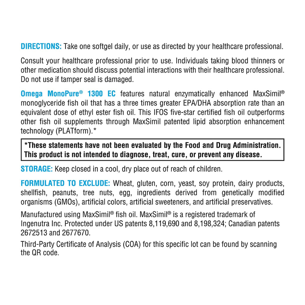 XYMOGEN Omega MonoPure 1300 EC — 3X Absorption DHA/EPA Omega-3 (60 Softgels)