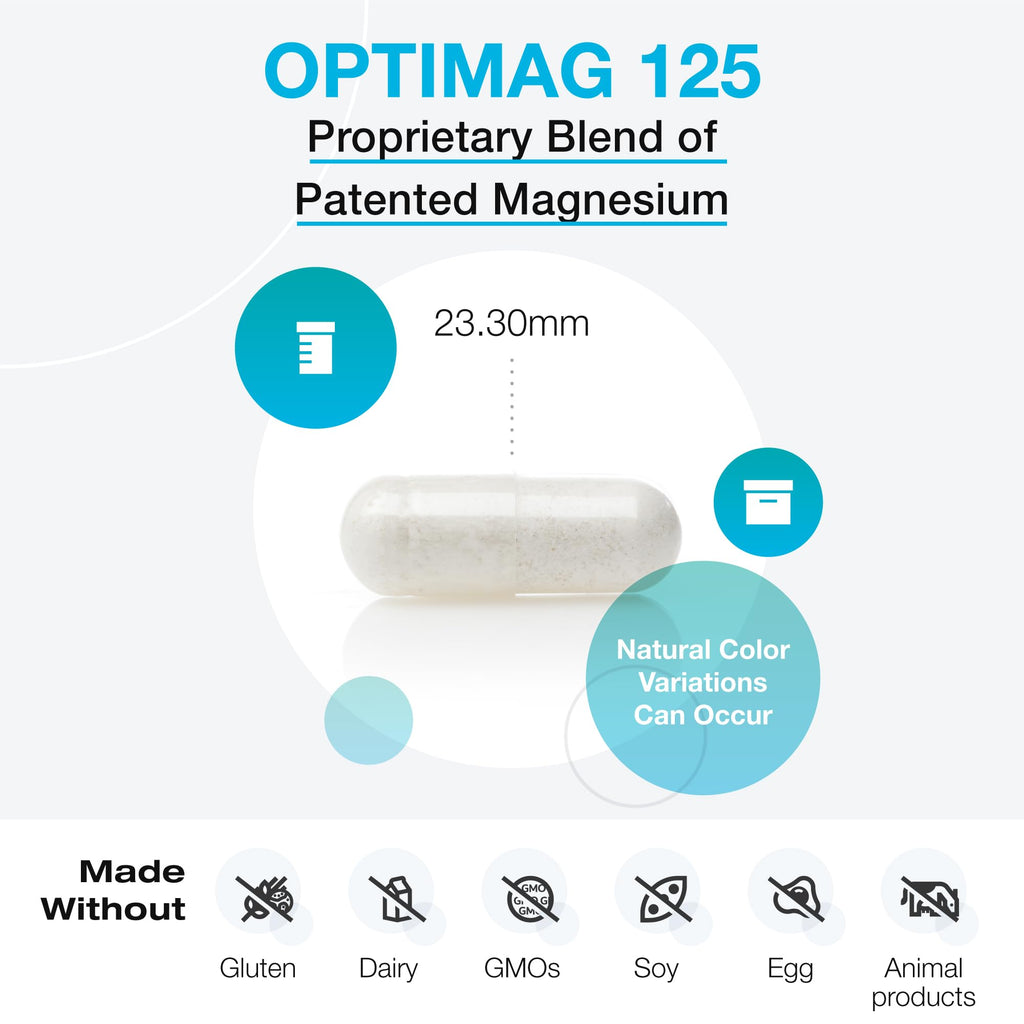 XYMOGEN OptiMag 125 – Chelated Magnesium for Nerves, Muscles, Bones & Heart (240 Capsules)