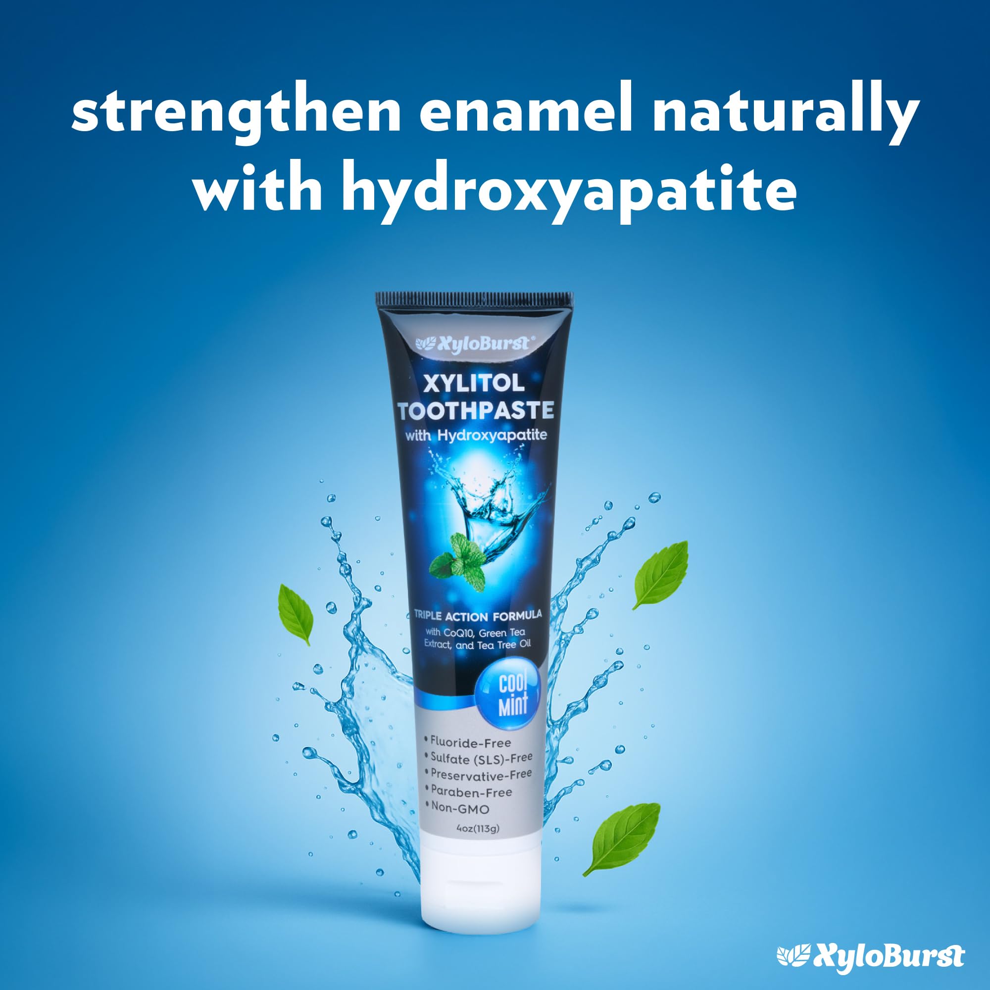 XyloBurst Hydroxyapatite Toothpaste with Xylitol – Fluoride-Free, SLS-Free, Made in the USA, Cool Mint 4 oz