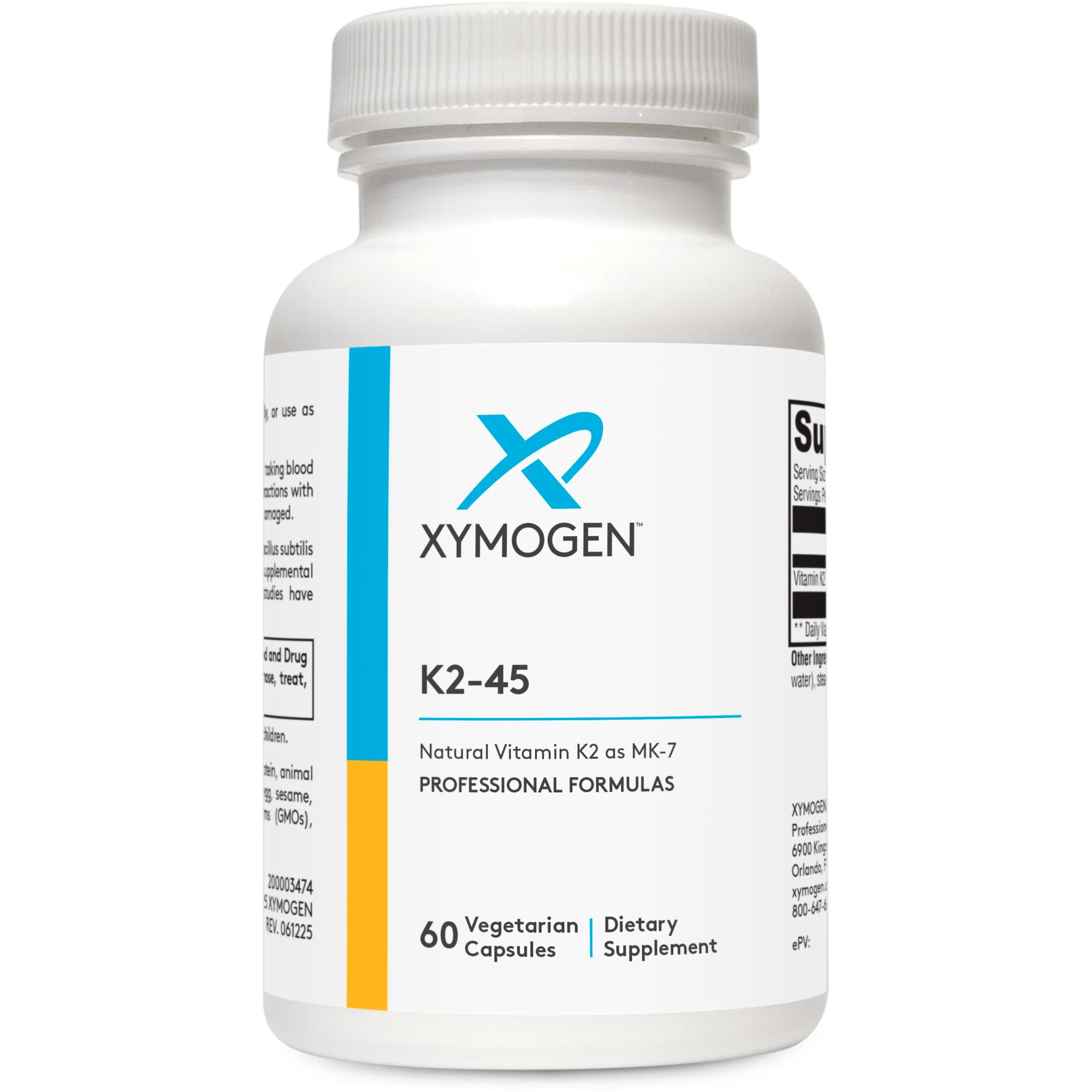 XYMOGEN K2-45 Vitamin K2 MK-7 - Non-GMO Soybeans - Most Bioavailable - 60 Capsules