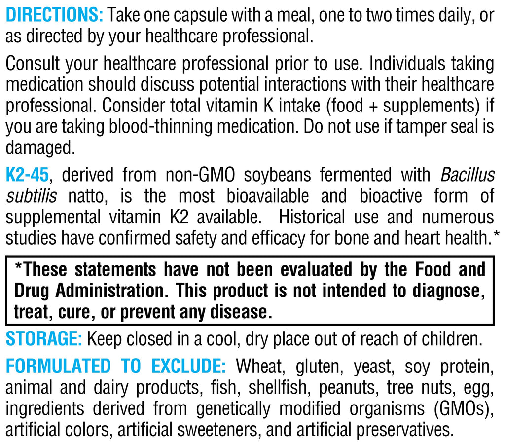 XYMOGEN K2-45 Vitamin K2 MK-7 - Non-GMO Soybeans - Most Bioavailable - 60 Capsules