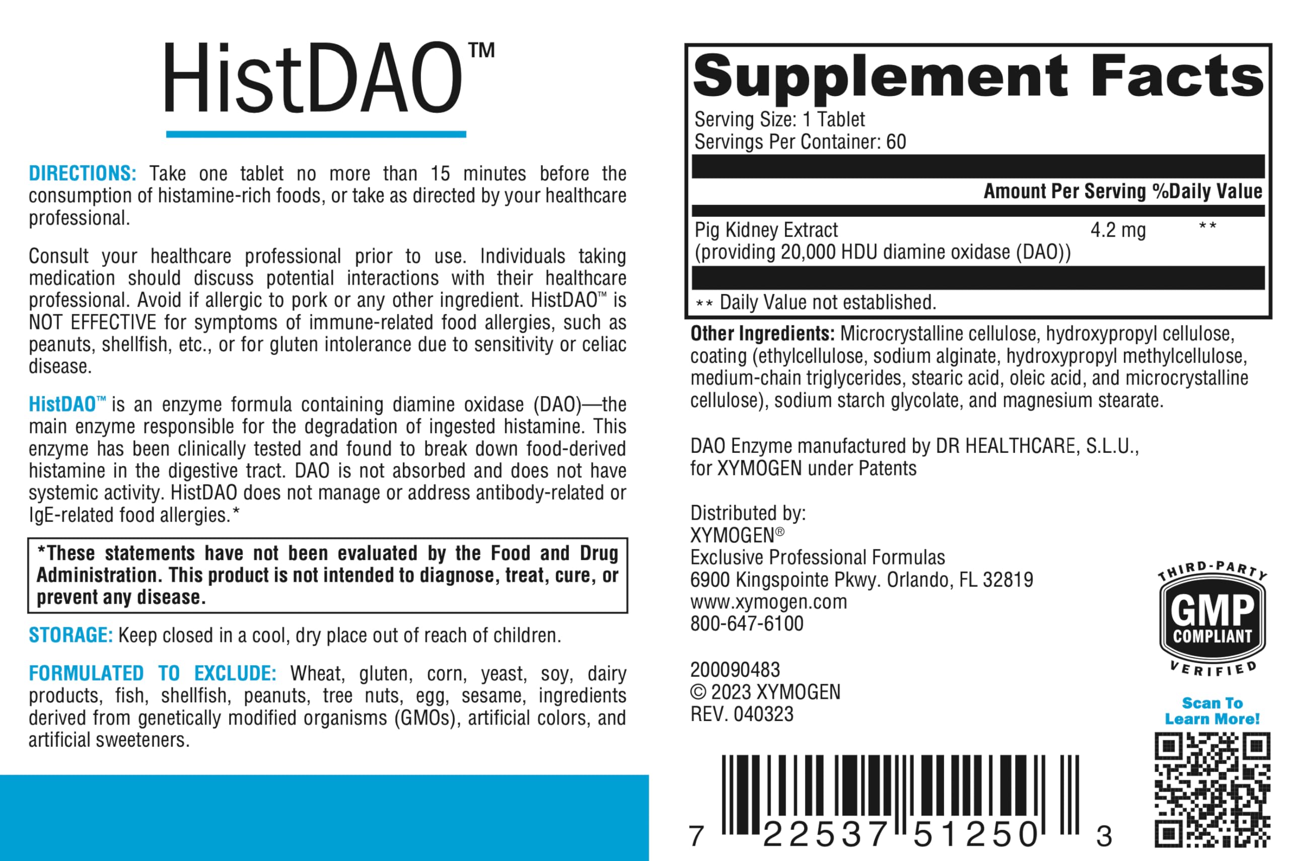 XYMOGEN HistDAO — DAO Enzyme Supplement, 20,000 HDU/Tablet, Digestive Health Support (60 Tablets)