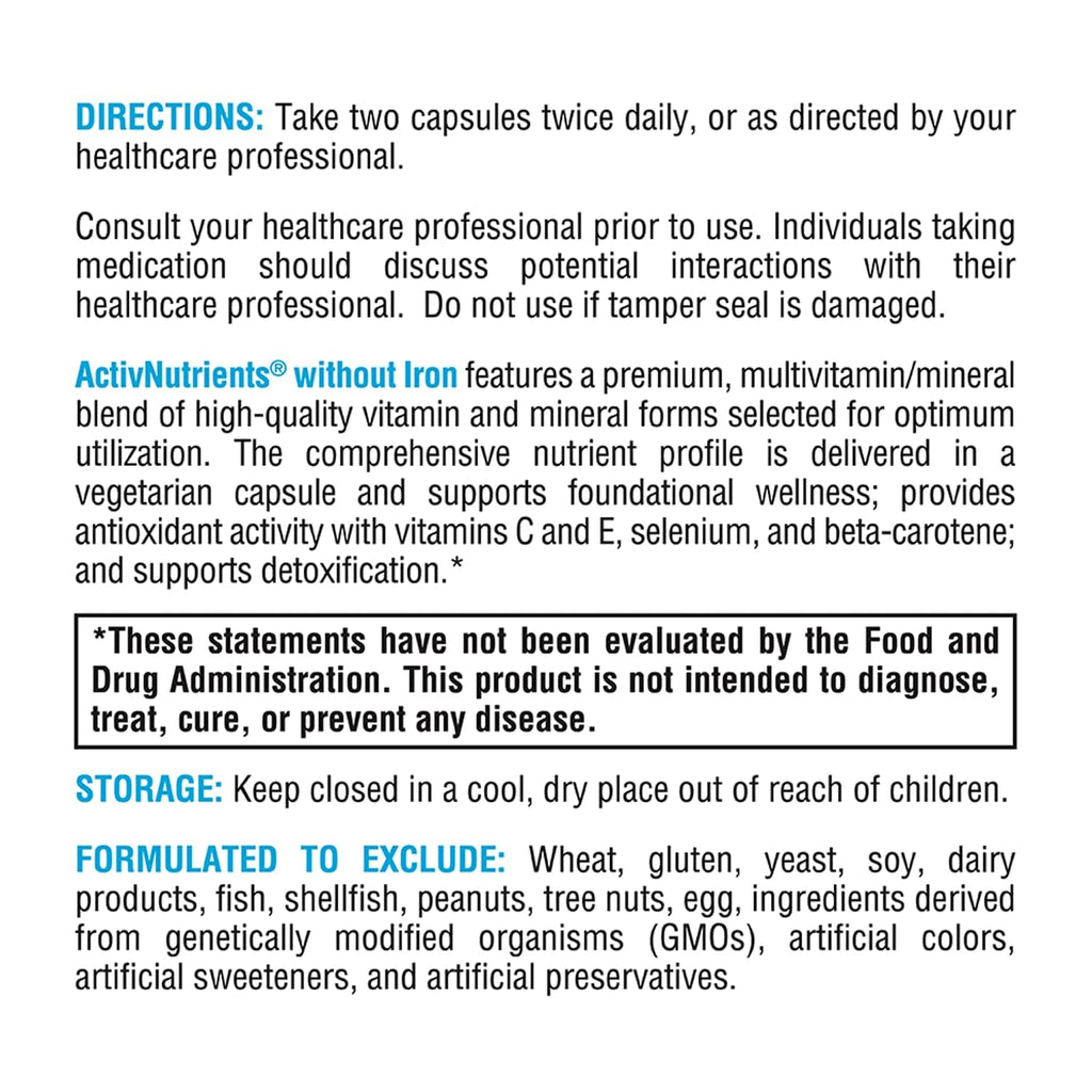 XYMOGEN ActivNutrients Without Iron — Multivitamin & Mineral Blend for Wellness, Immune, Energy & Mood (120 Capsules)