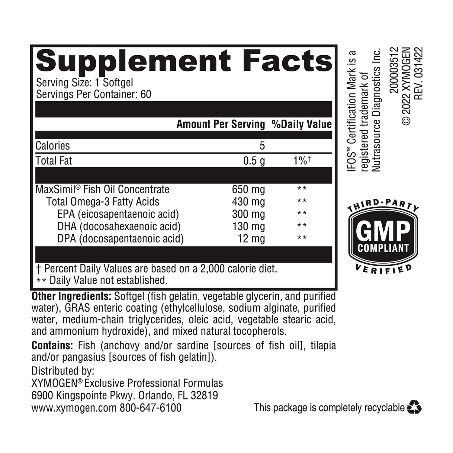 XYMOGEN Omega MonoPure 650 EC – 3X Absorption, Small Softgels, EPA/DHA/DPA