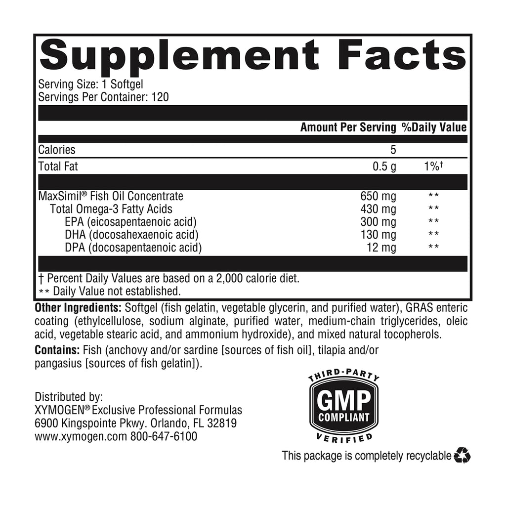 XYMOGEN Omega MonoPure 650 EC – 3X Absorption, Small Softgels for Heart & Brain (120 Softgels)