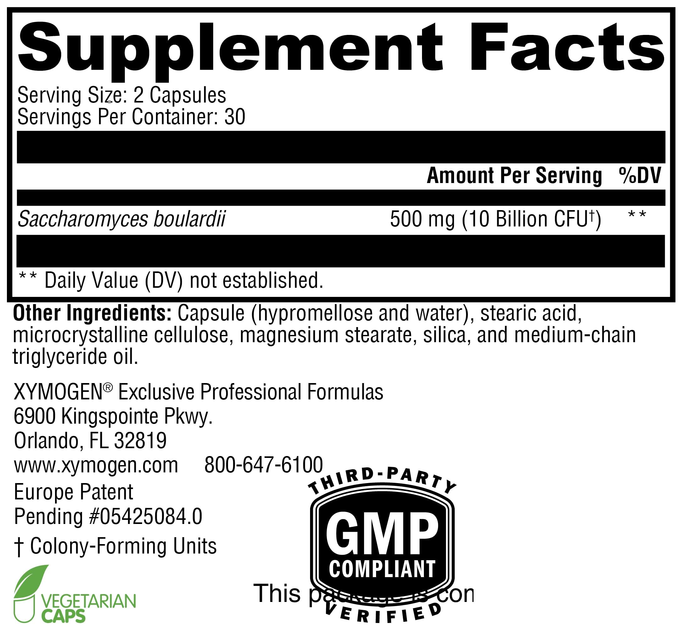 XYMOGEN Saccharomycin 10B - Stomach Acid-Resistant DNA-Verified Saccharomyces boulardii | Dairy Free Probiotic for Gut Support & Immune Health - 60 Capsules