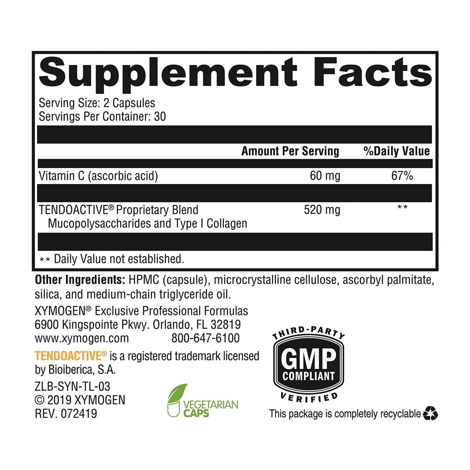 XYMOGEN SynovX Tendon & Ligament - Supports Tendon & Ligament Comfort & Self-Repair (60 Capsules)