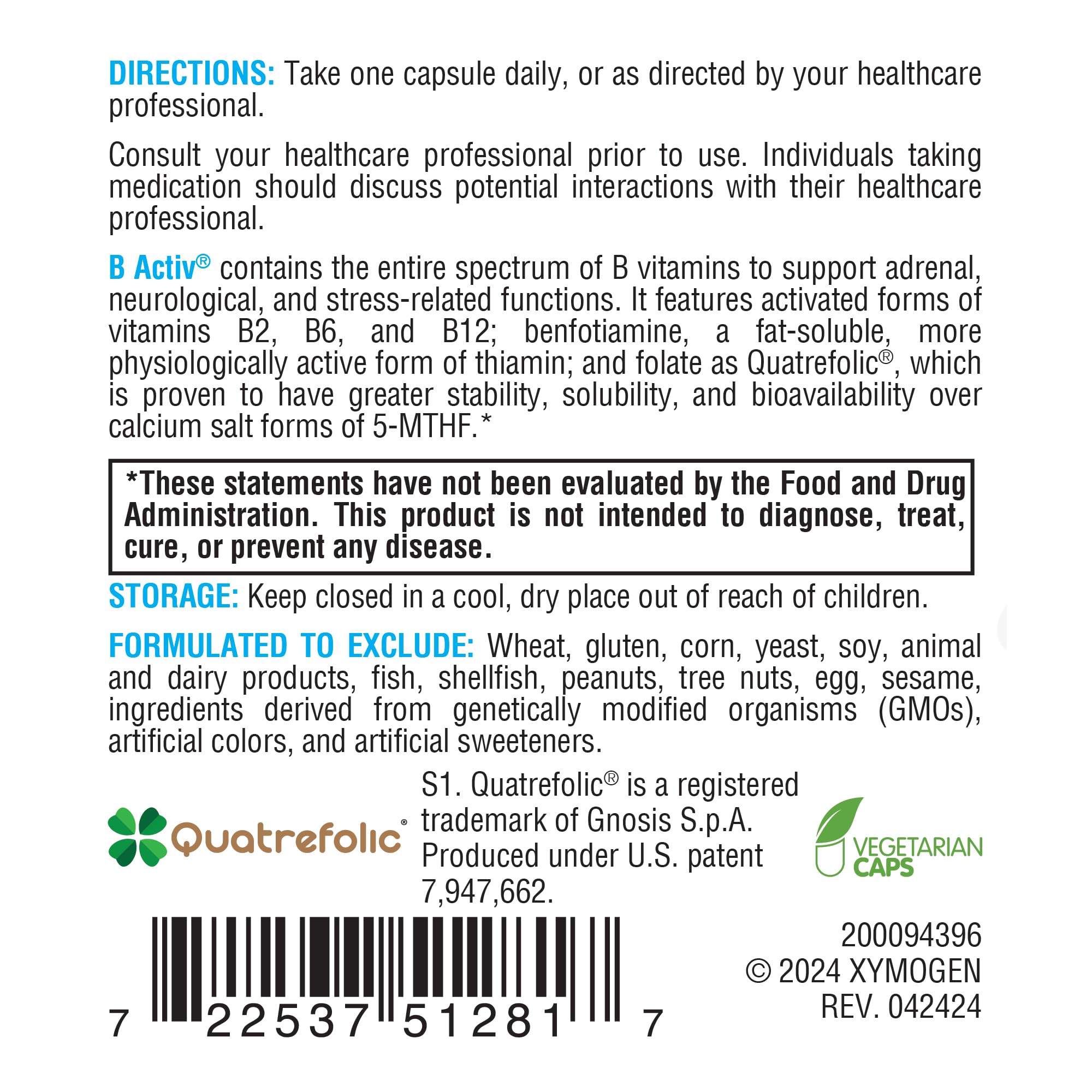 Xymogen Vitamin B Complex - B Activ - Activated B Vitamins with Benfotiamine and Quatrefolic - Support Adrenal and Immune Function + A Healthy Cardiovascular and Nervous System (30 Capsules)