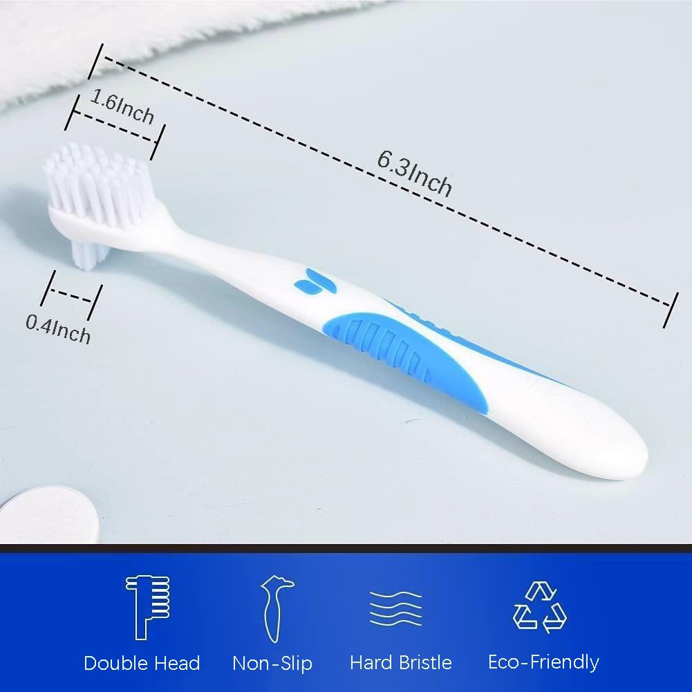 Y-Kelin Denture Brush with Hard Bristles - Dual Head, Non-Slip Rubber Handle (Red & Blue, 2 Pcs)