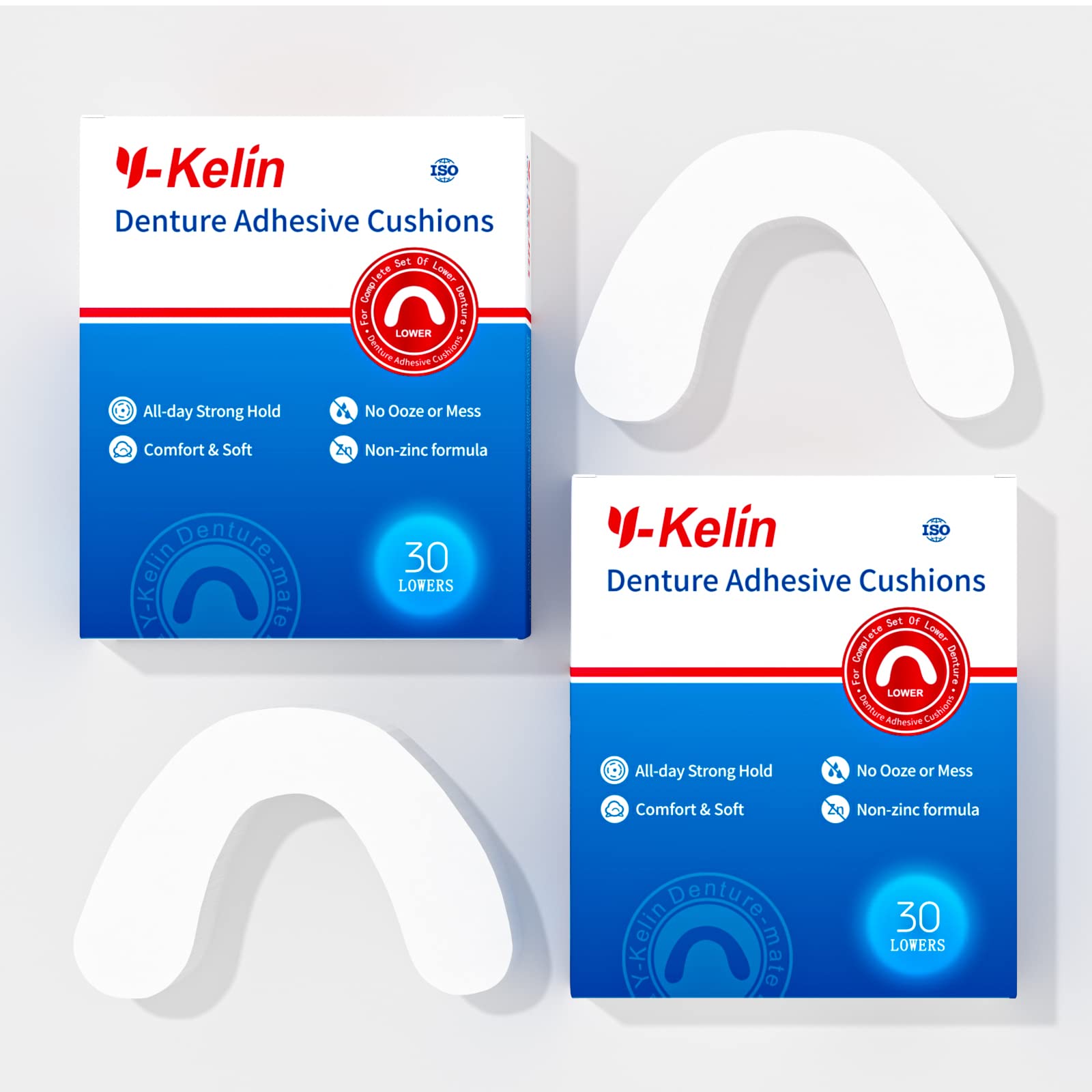 Y-Kelin Lower Denture Adhesive Cushions – Adhesive-Free Pads for Sore Gums (60 Strips)