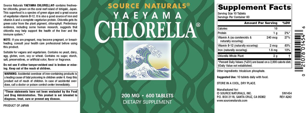 Source Naturals Yaeyama Chlorella Green Superfood with Plant-Based B12* - 200 mg, 600 Tablets