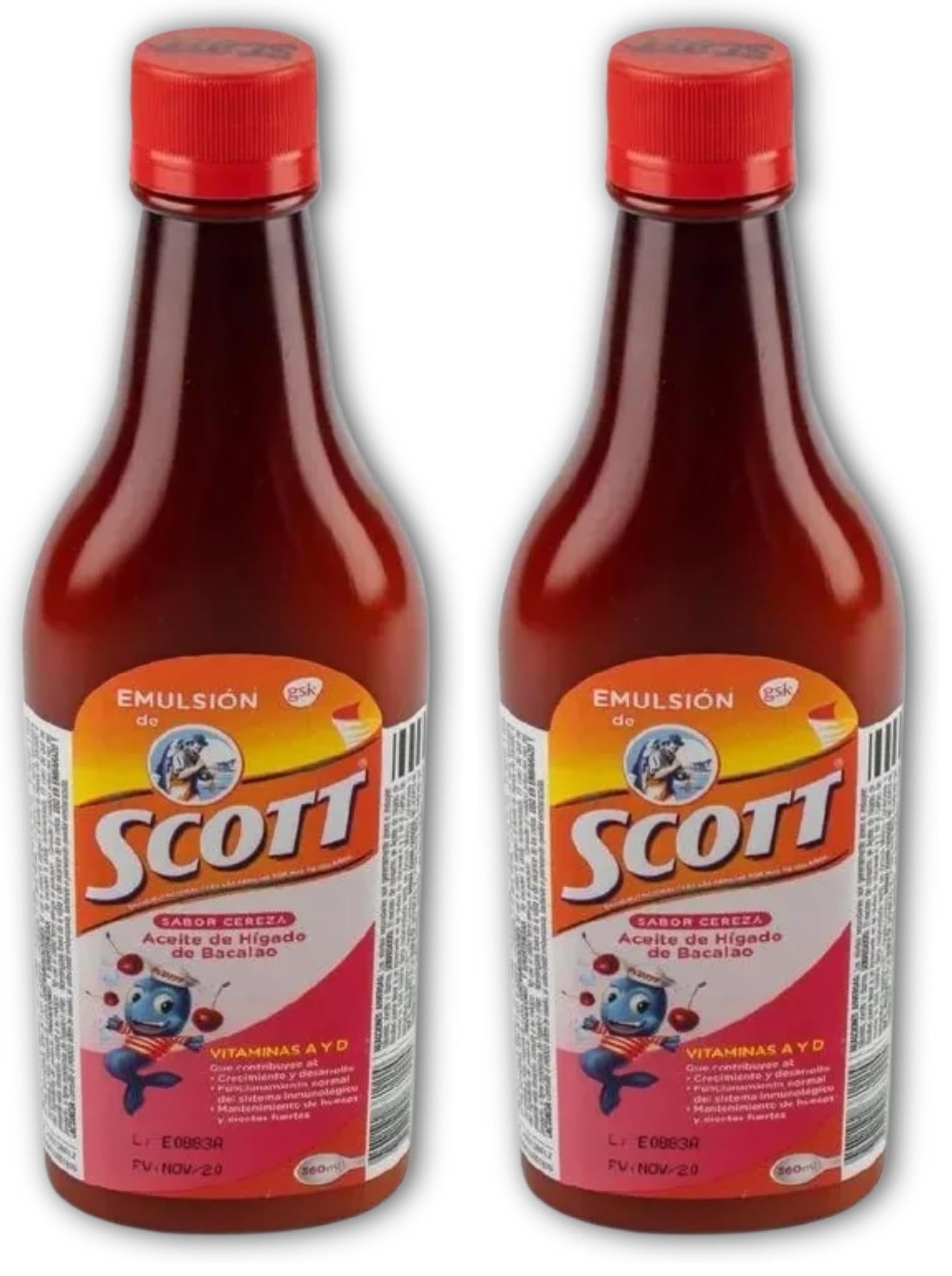 YAHVE Cherry Flavor Cod Liver Oil Emulsion with Vitamin A & Calcium (360 ml / 12.17 fl oz) – Kids Dietary Supplement – Pack of 2