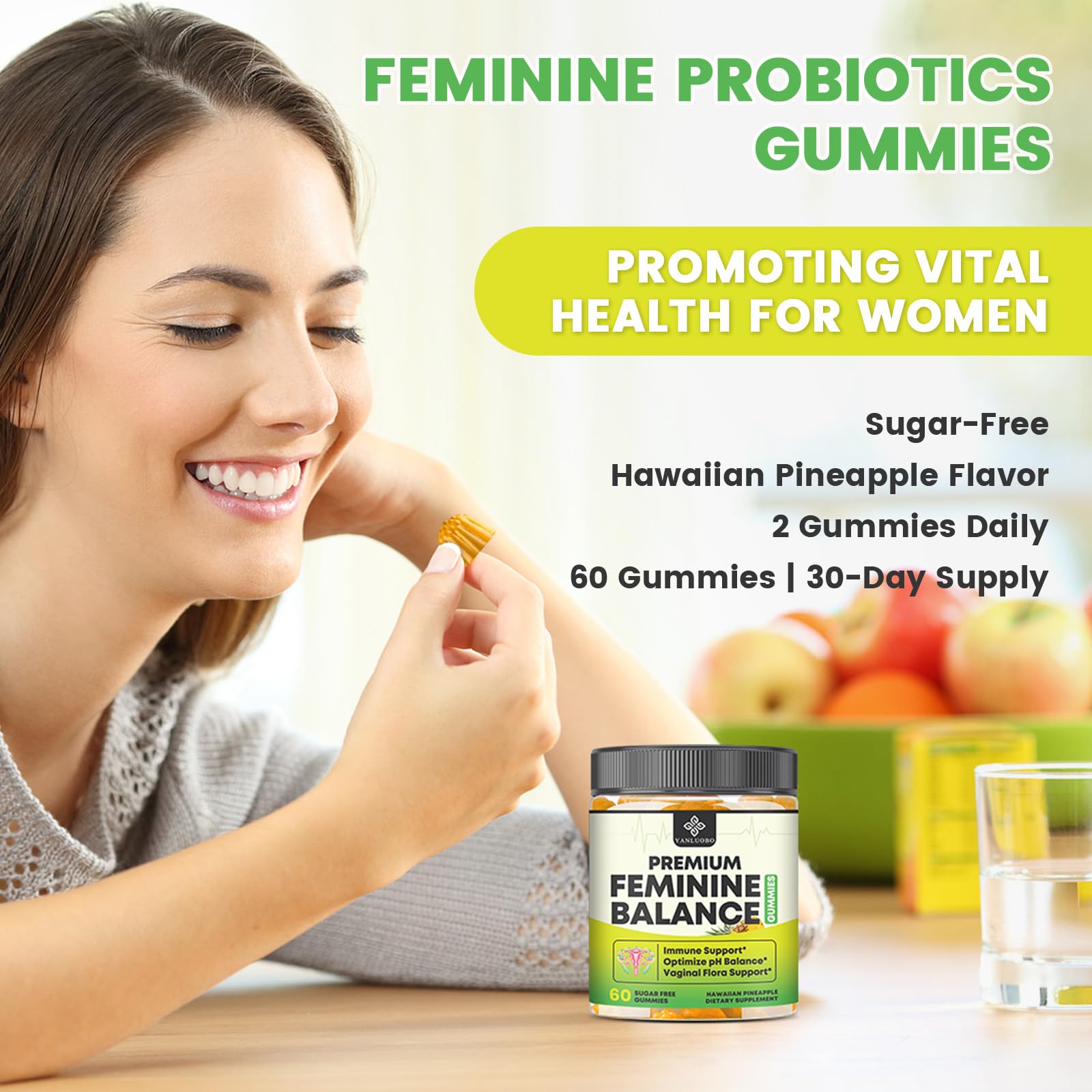 YANLUOBO Feminine Balance Probiotic Gummies - Women's Vaginal Health Support | PH Balance & Odor, Flora, Immune Support | Probiotics for Women, Vegan Pineapple Flavor, 120 Count