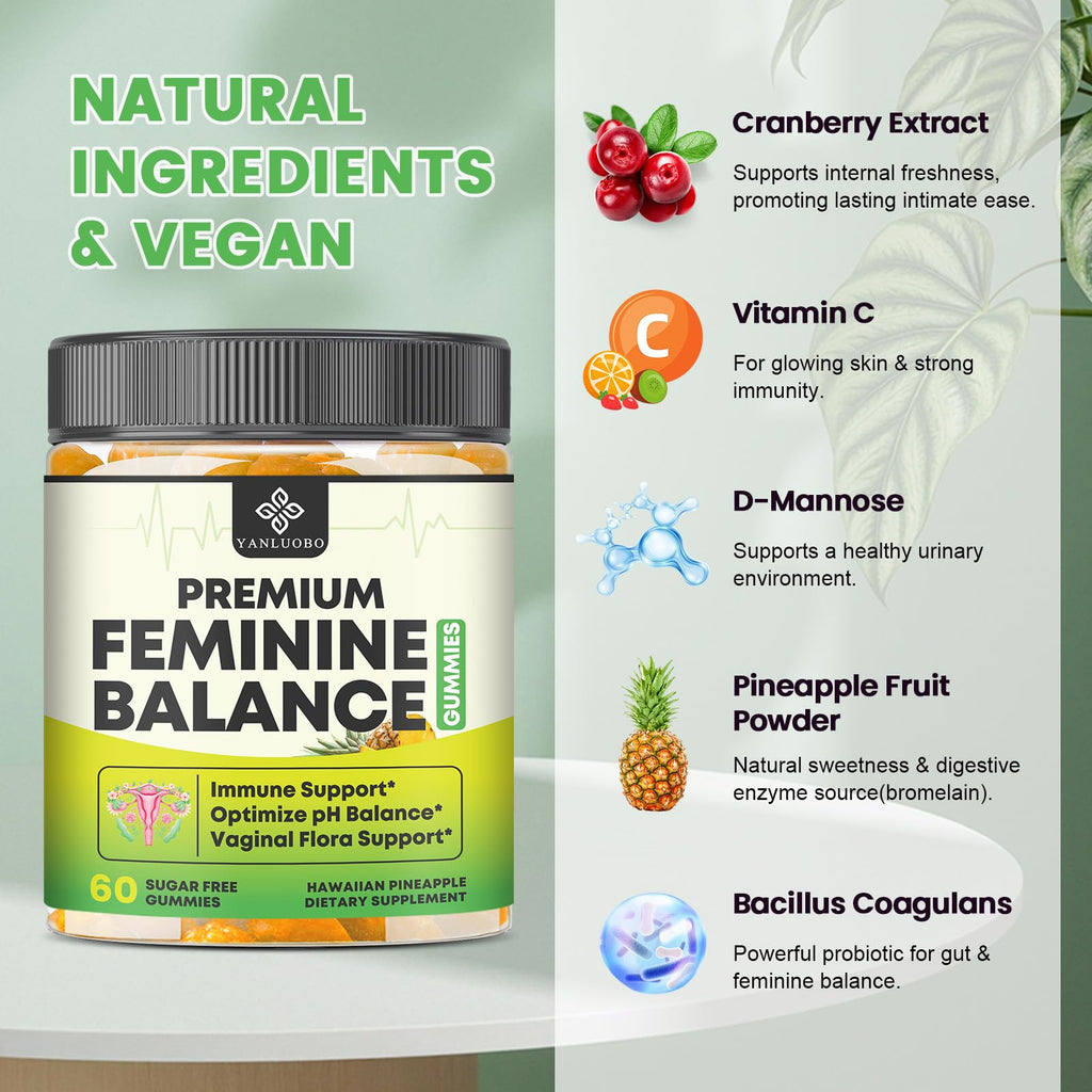 YANLUOBO Feminine Balance Probiotic Gummies - Women's Vaginal Health Support | PH Balance & Odor, Flora, Immune Support | Probiotics for Women, Vegan Pineapple Flavor, 120 Count