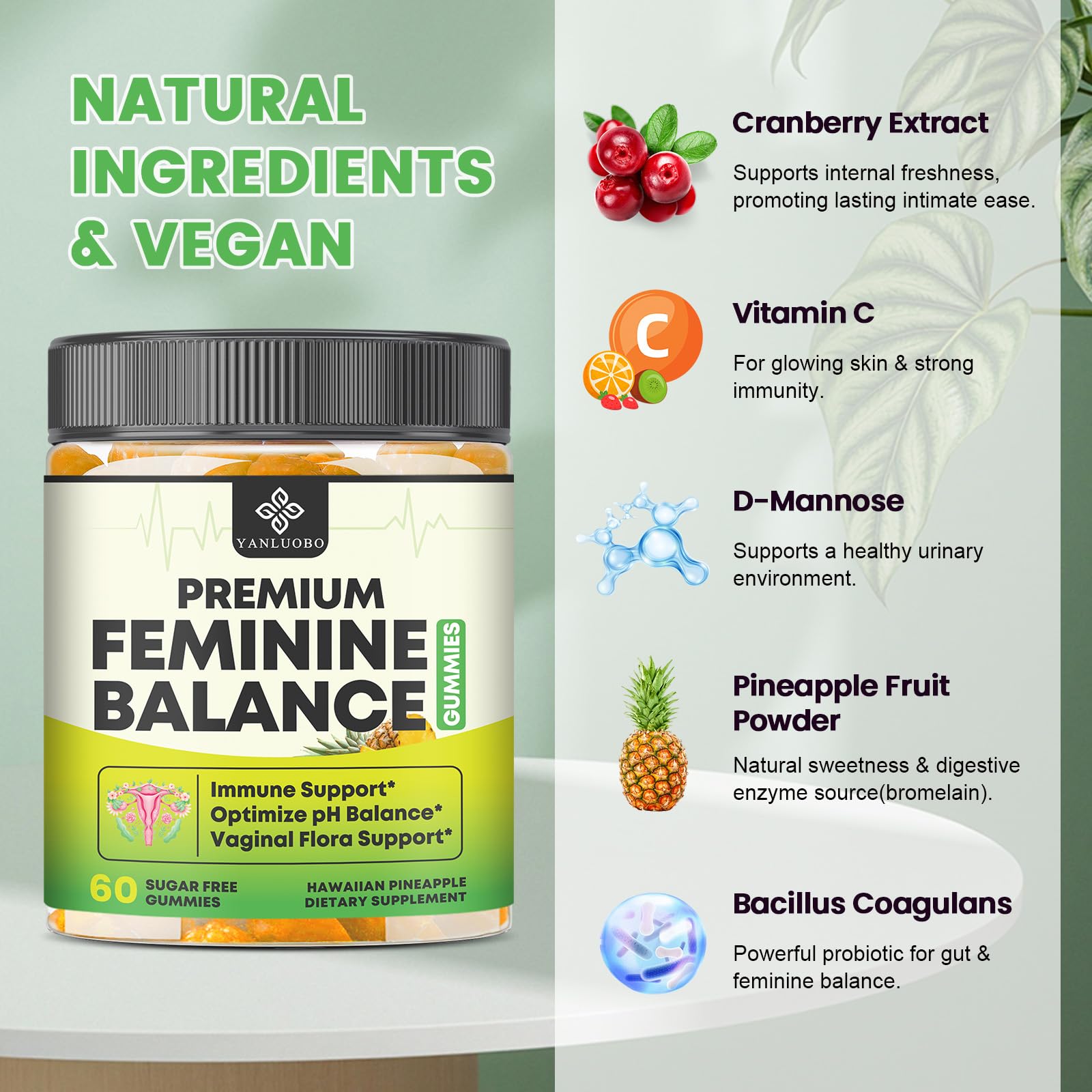 YANLUOBO Feminine Balance Probiotic Gummies - Women's Vaginal Health Support | PH Balance & Odor, Flora, Immune Support | Probiotics for Women, Vegan Pineapple Flavor, 120 Count