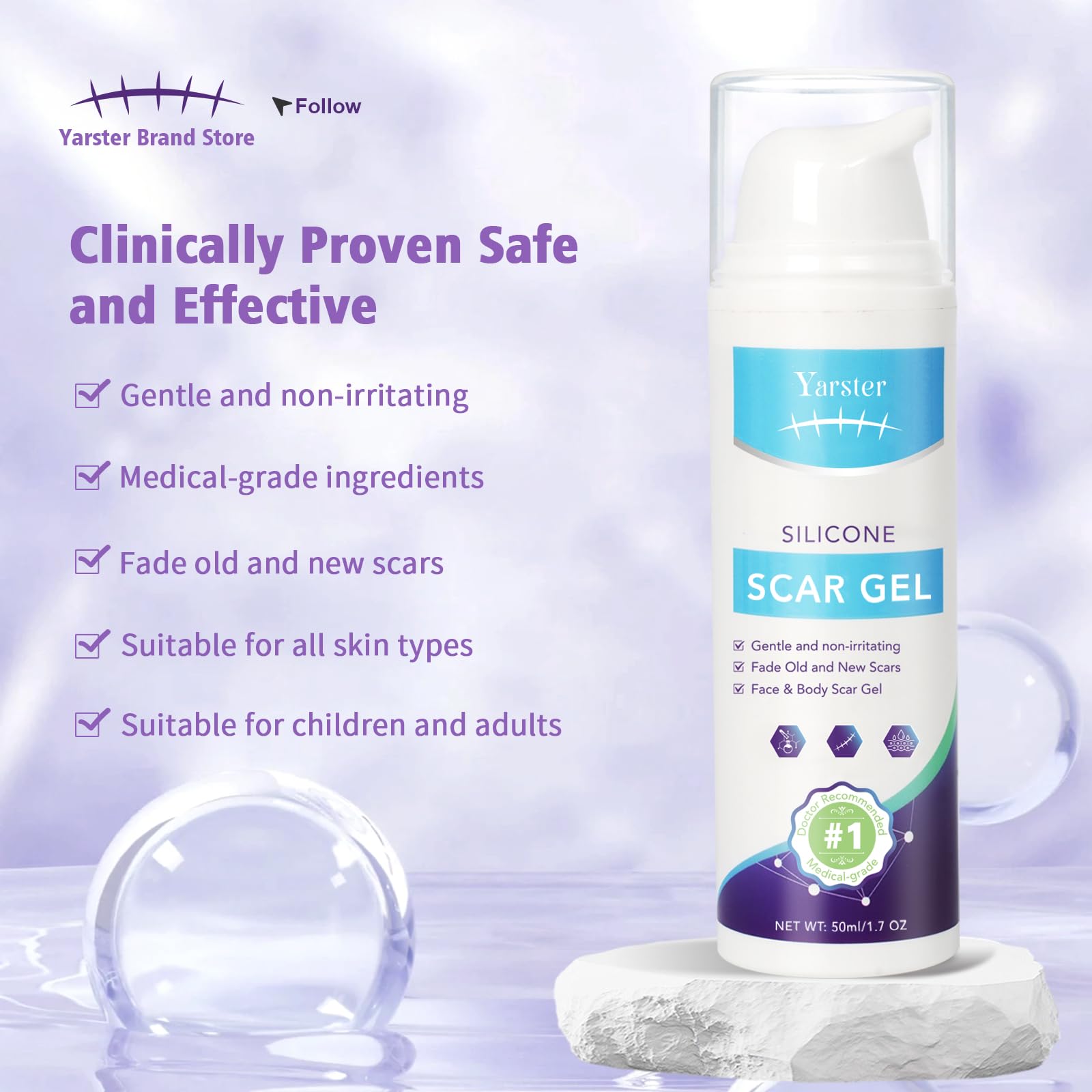 Yarster Silicone Scar Gel - Fade Scars & Stretch Marks, 1.7 oz