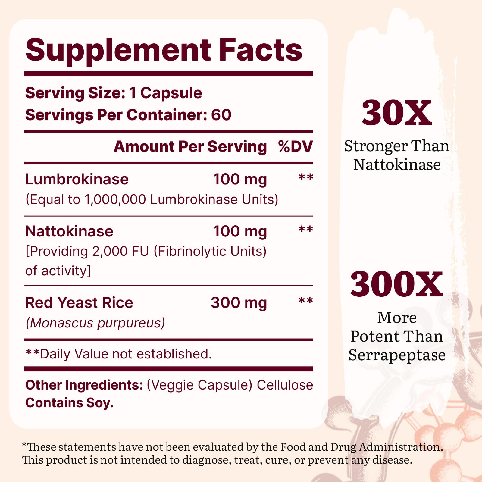 Yasumako Lumbrokinase 100mg + Nattokinase 100mg + Red Yeast Rice 300mg — 600 Capsules (Pack of 10)