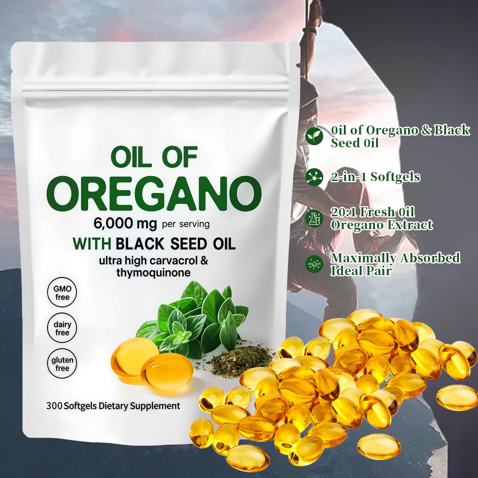 YATIME Oil of Oregano with Black Seed Oil - 6000mg per Serving, 300 Softgels | Immune Support, 4X Strength Carvacrol & Thymoquinone, Non-GMO, Gluten Free