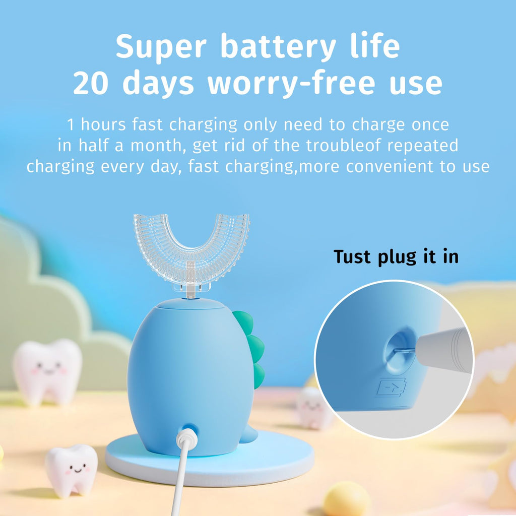 Yeklike Kids U-Shaped Electric Toothbrush - Sonic Baby Toothbrush, Cartoon Dinosaur 360° Cleaning, IPX7 Waterproof (8-15y)