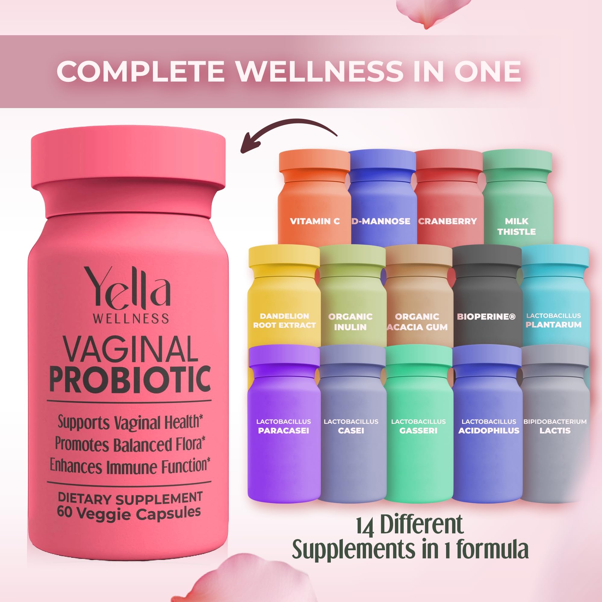 YELLA WELLNESS Vaginal Probiotics & Prebiotics with Cranberry Extract | Supports UTI & pH Balance for Women - 60ct