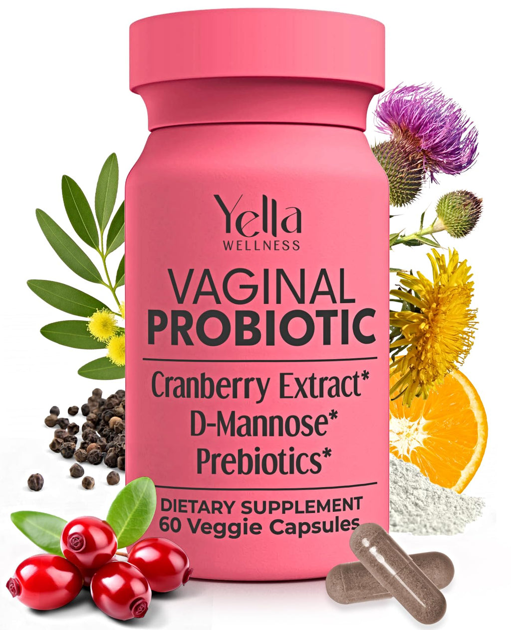 YELLA WELLNESS Vaginal Probiotics & Prebiotics with Cranberry Extract | Supports UTI & pH Balance for Women - 60ct