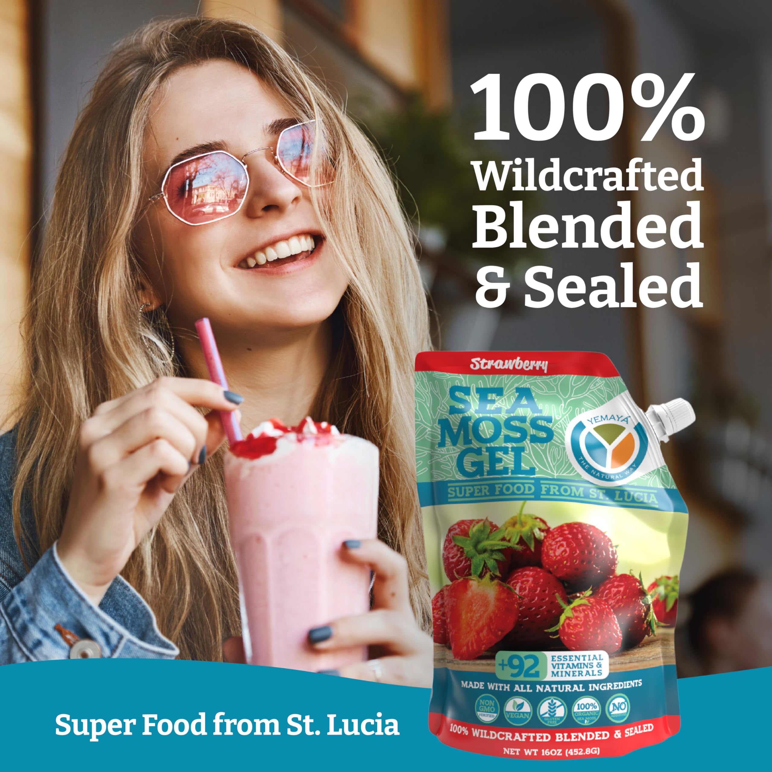 Yemayá Organic Sea Moss Gel – Wildcrafted Raw Seamoss, Strawberry, 16 oz
