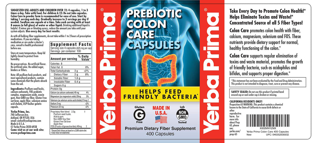 Yerba Prima Colon Care Capsules, 400 Caps – Five Fiber Types + FOS Prebiotics
