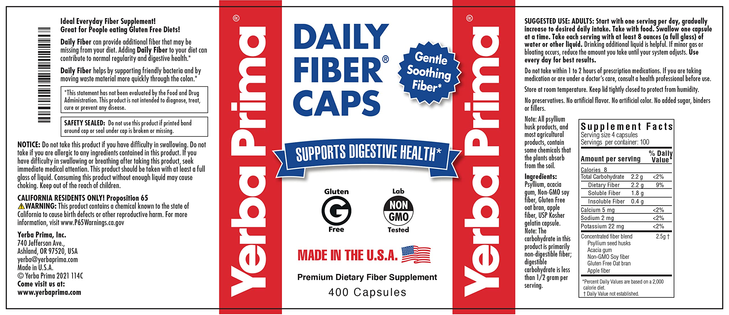 Yerba Prima Daily Fiber Caps Formula - 400 Capsules | Soluble & Insoluble Fiber