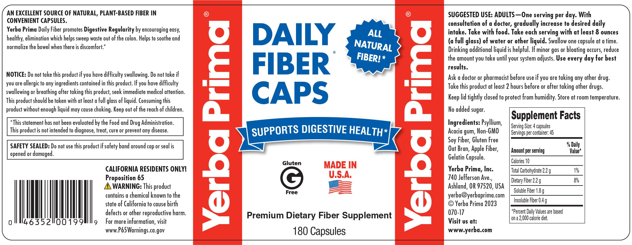 Yerba Prima Daily Fiber Formula - 180 Caps (Pack of 2) | Soluble & Insoluble Fiber