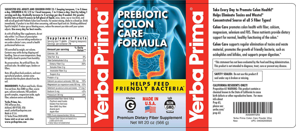Yerba Prima Prebiotic Colon Care Formula 20 oz Powder (Pack of 2) – Psyllium Husk, FOS, Magnesium, Selenium