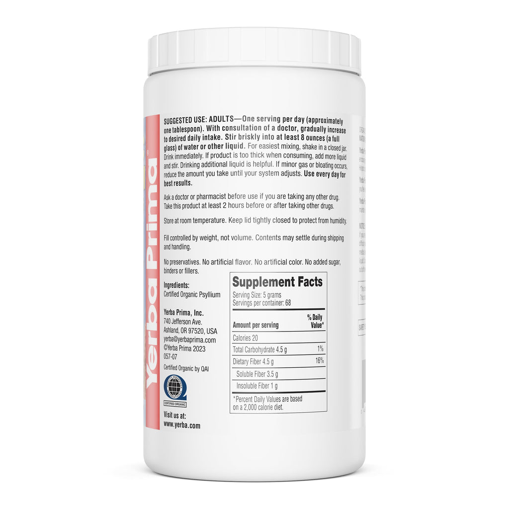 Yerba Prima Organic Psyllium Whole Husks 12 oz | Non-GMO | Certified Organic