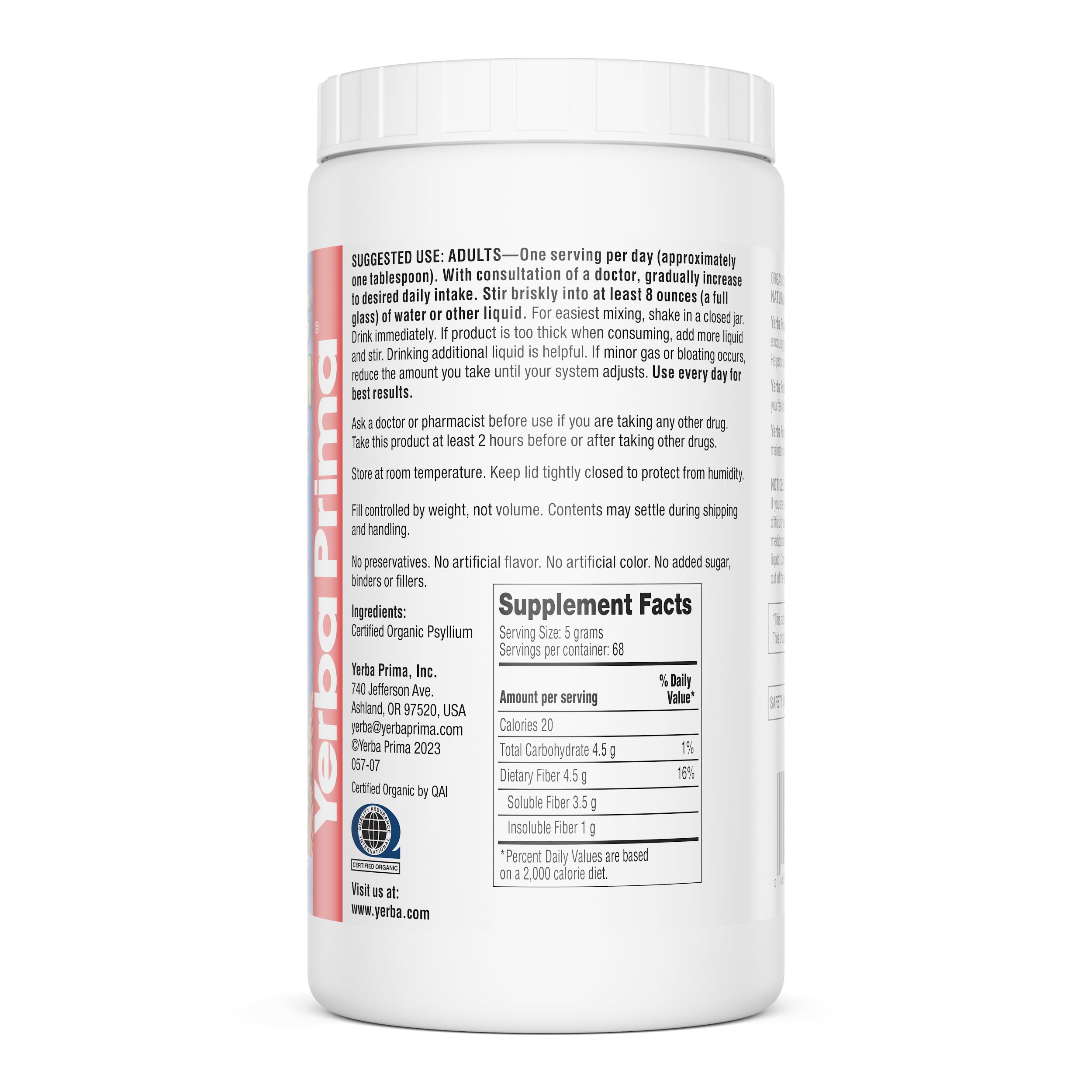 Yerba Prima Organic Psyllium Whole Husks 12 oz | Non-GMO | Certified Organic