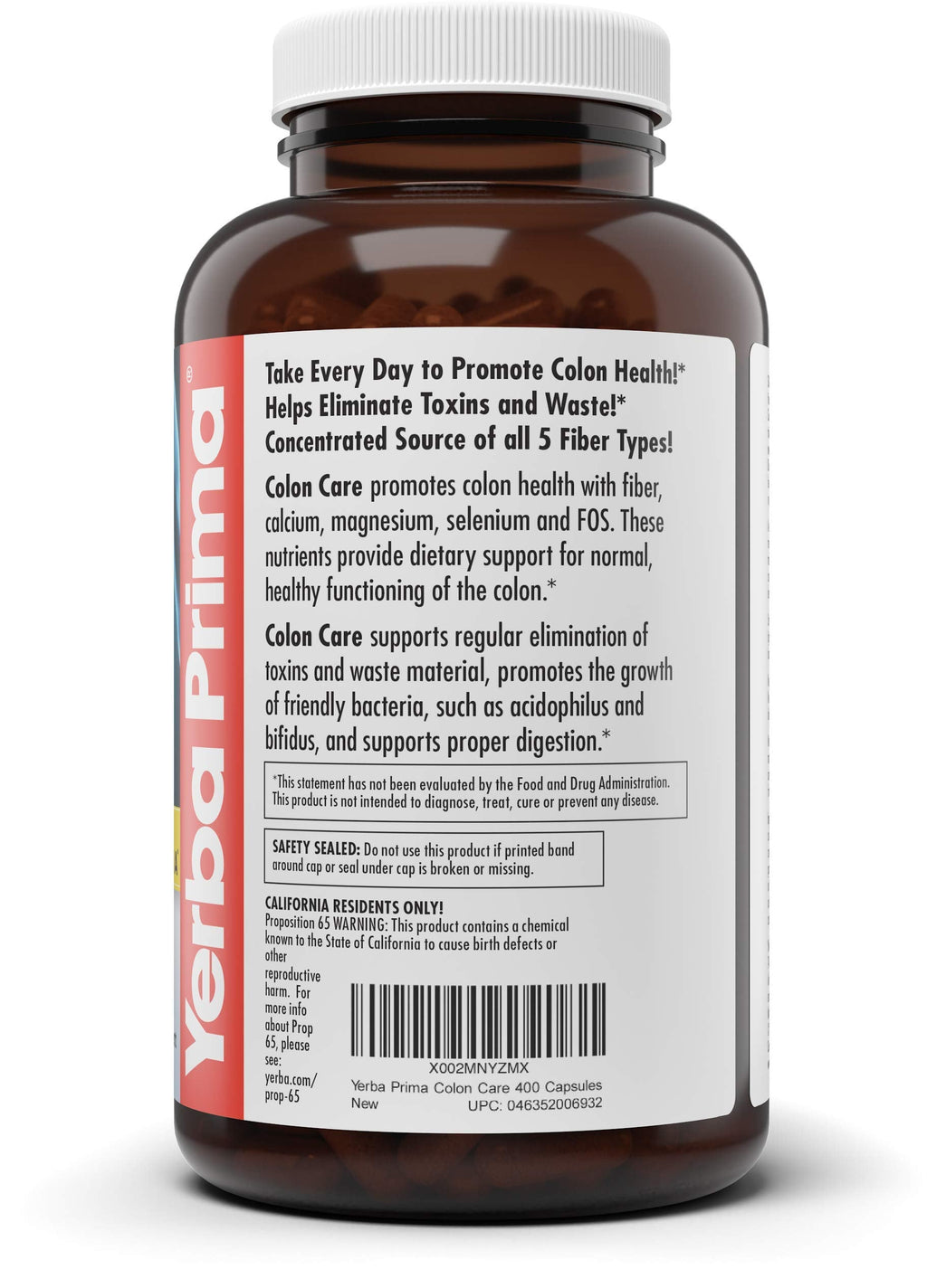 Yerba Prima Colon Care Capsules, 400 Caps – Five Fiber Types + FOS Prebiotics