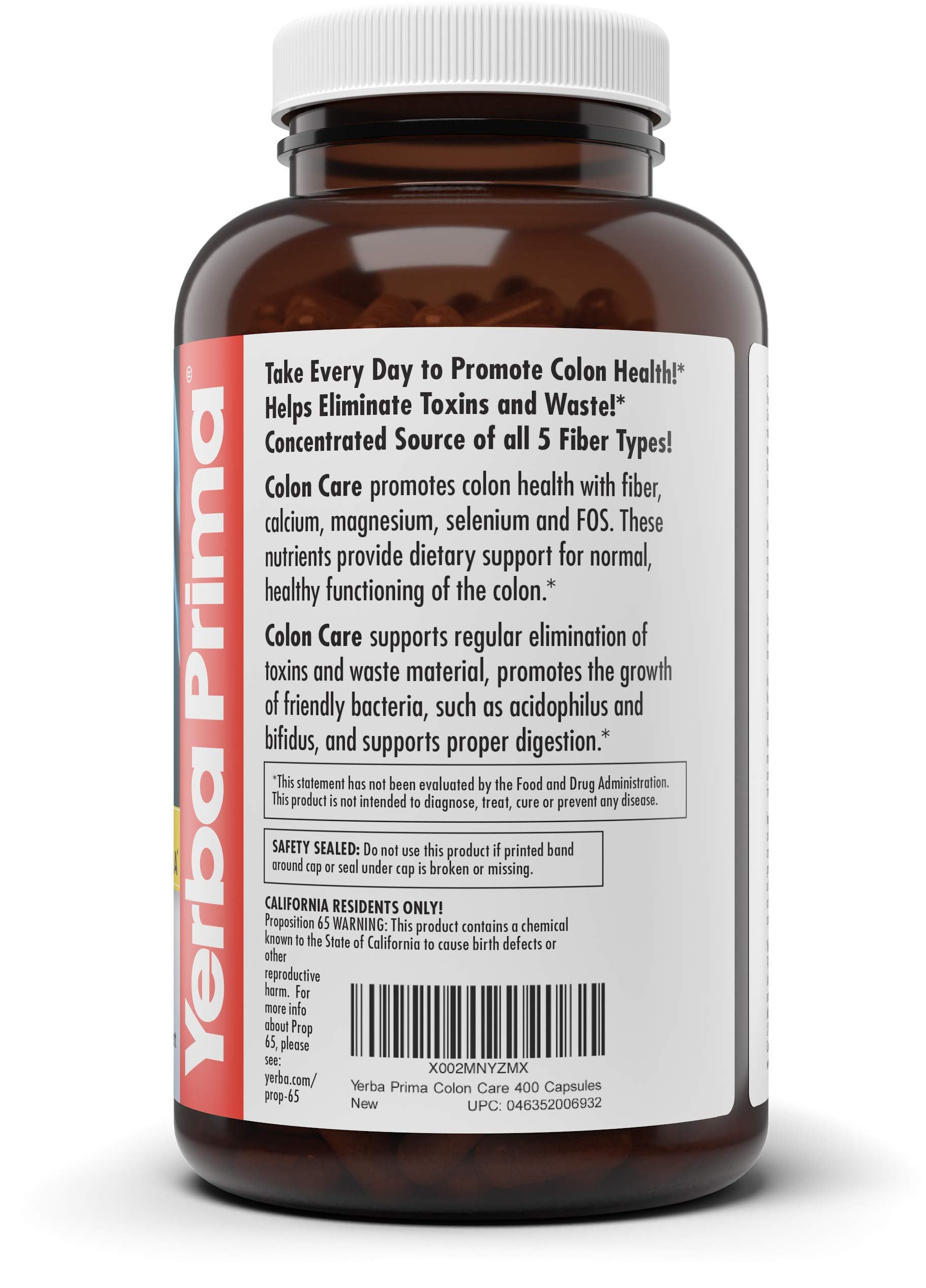 Yerba Prima Colon Care Capsules, 400 Caps – Five Fiber Types + FOS Prebiotics