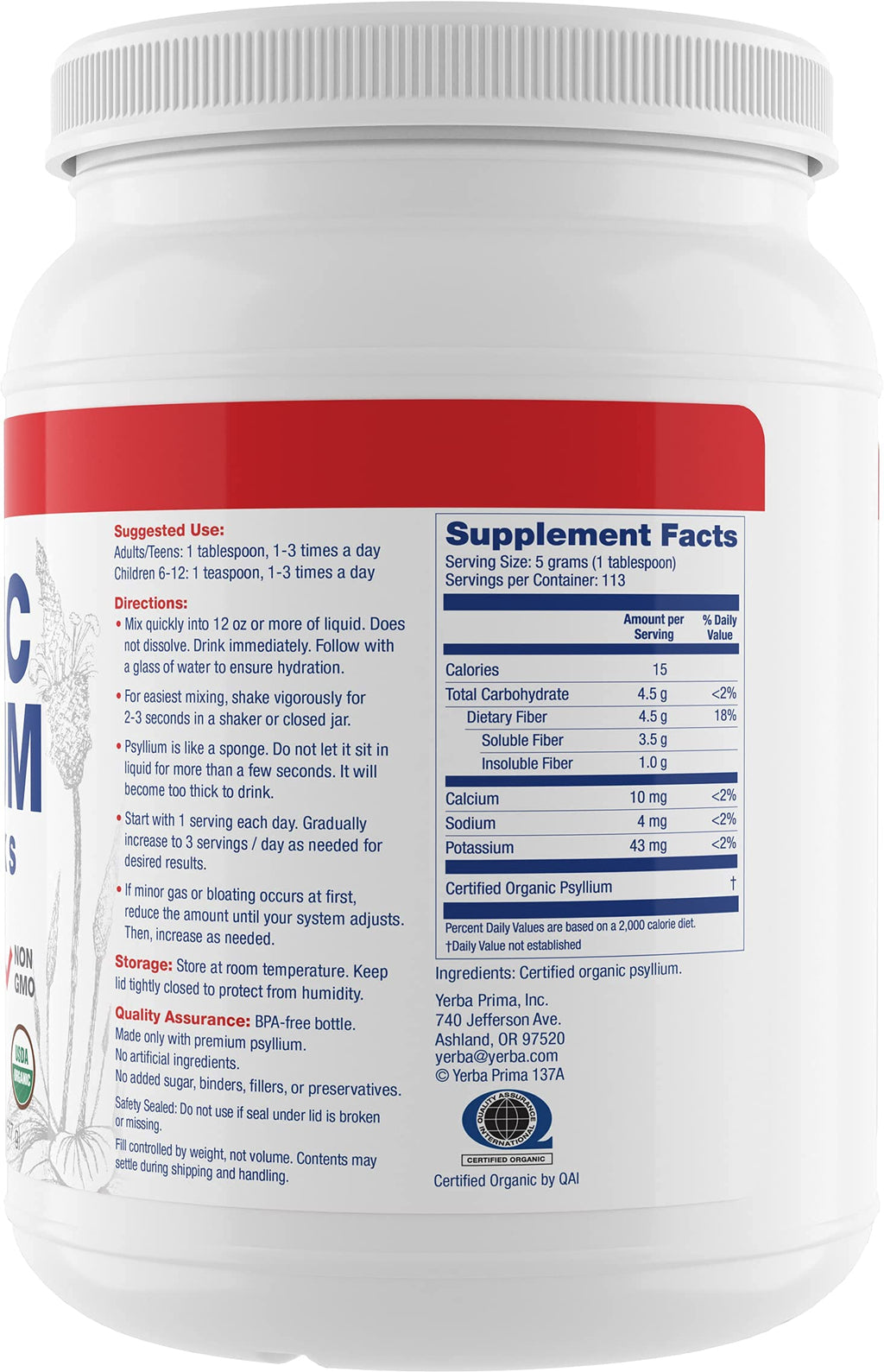 Yerba Prima Organic Psyllium Whole Husks - 20 oz Colon Cleanser | Regularity, Detox, Gluten Free, Non-GMO, Vegan