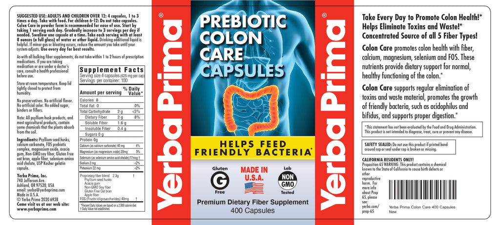 Yerba Prima Prebiotic Colon Care Capsules, 400 Caps (Pack of 2) – Five Forms of Dietary Fiber