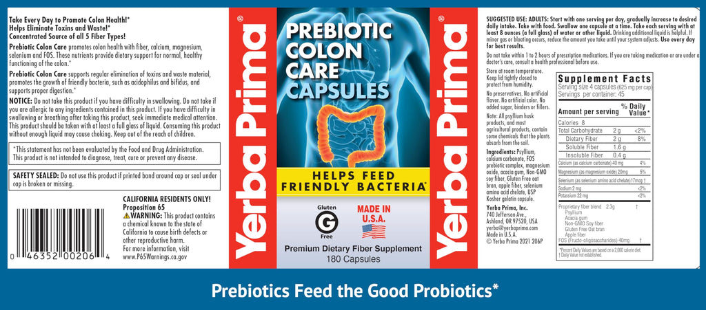 Yerba Prima Prebiotic Colon Care Capsules - 180 Caps, 2 Pack | Non-GMO, Keto Friendly