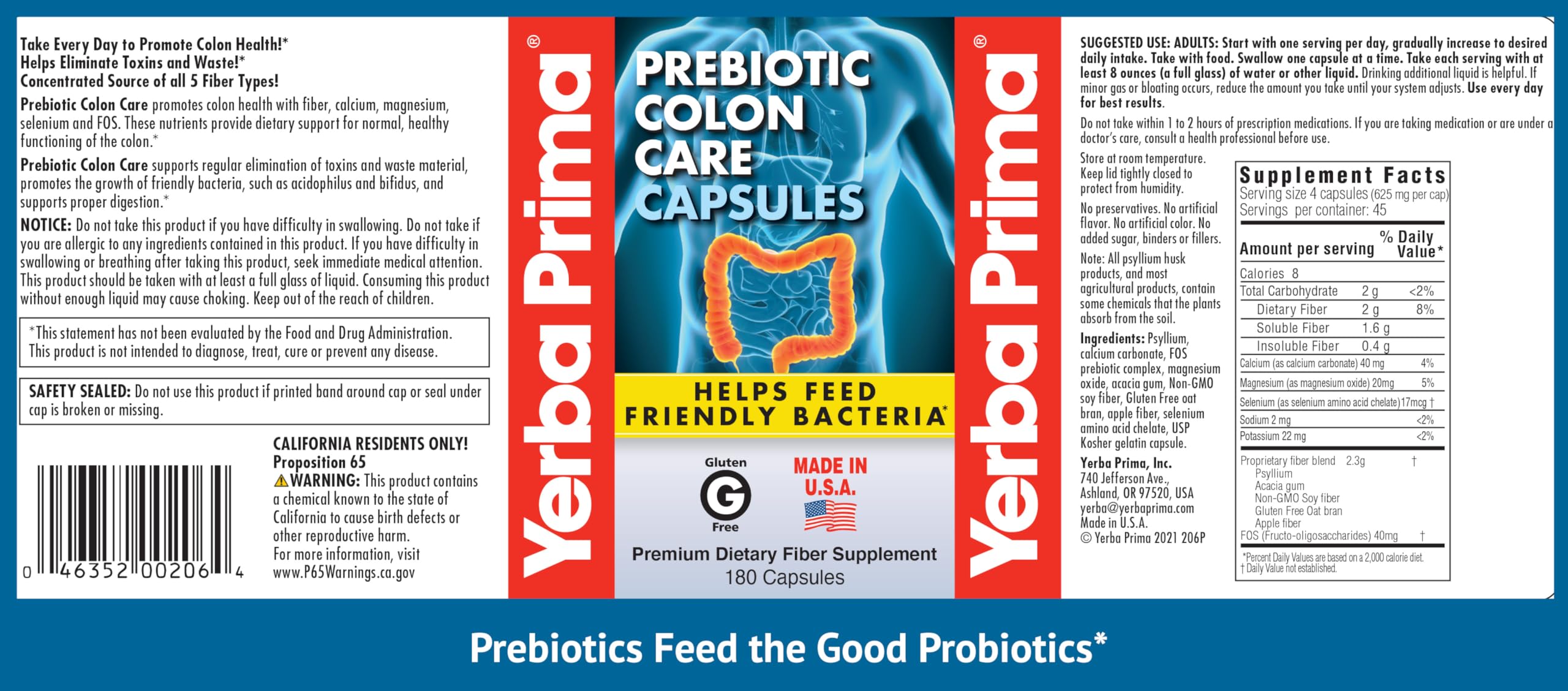 Yerba Prima Prebiotic Colon Care Capsules - 180 Caps, 2 Pack | Non-GMO, Keto Friendly
