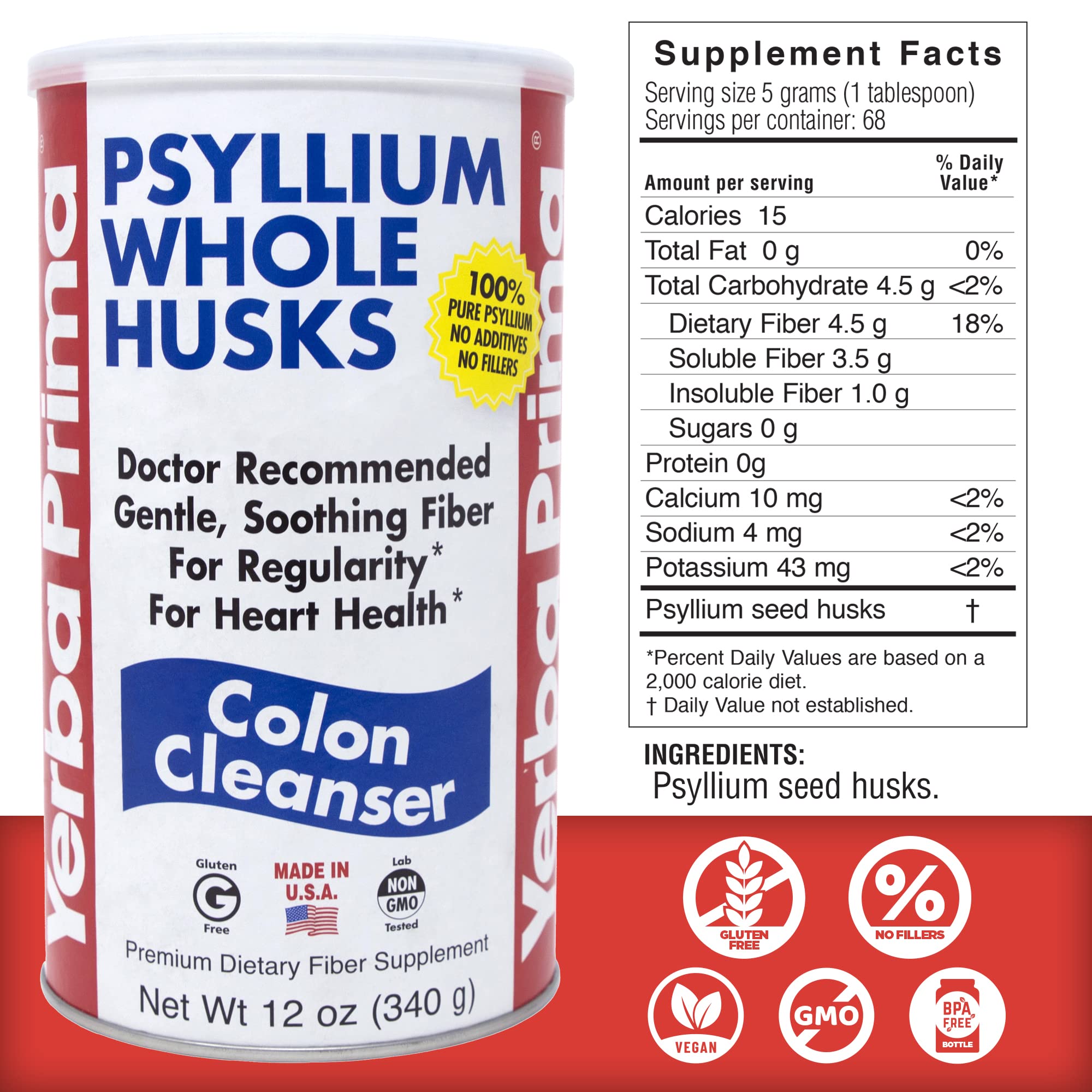 Yerba Prima Psyllium Husk 12 oz (Pack of 2) – Colon Cleanser Fiber Supplement for Gut Health | Non-GMO, Gluten Free, Vegan
