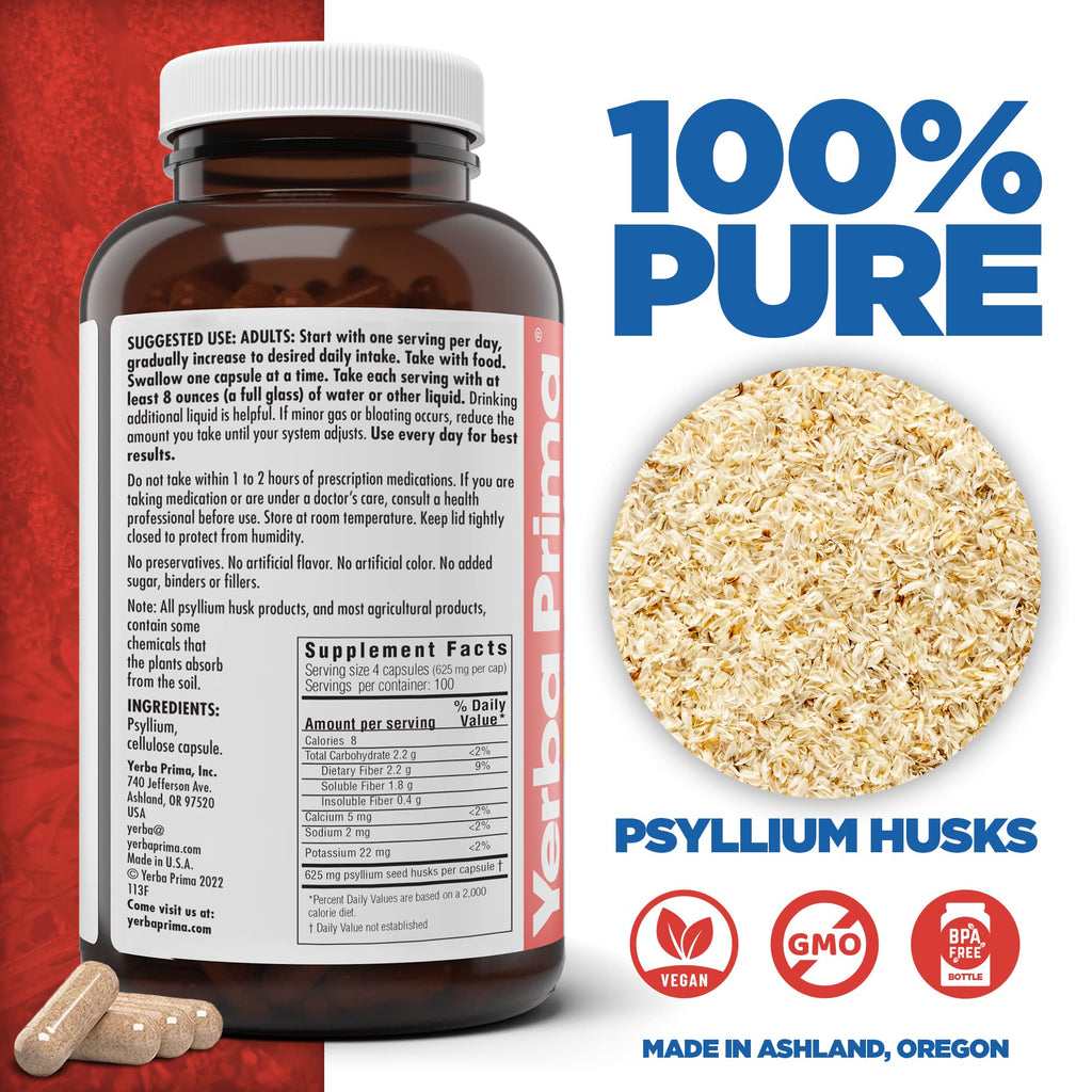 Yerba Prima Psyllium Husk Capsules - 400 Capsules (625 mg) | Vegan, Non-GMO, Gluten Free