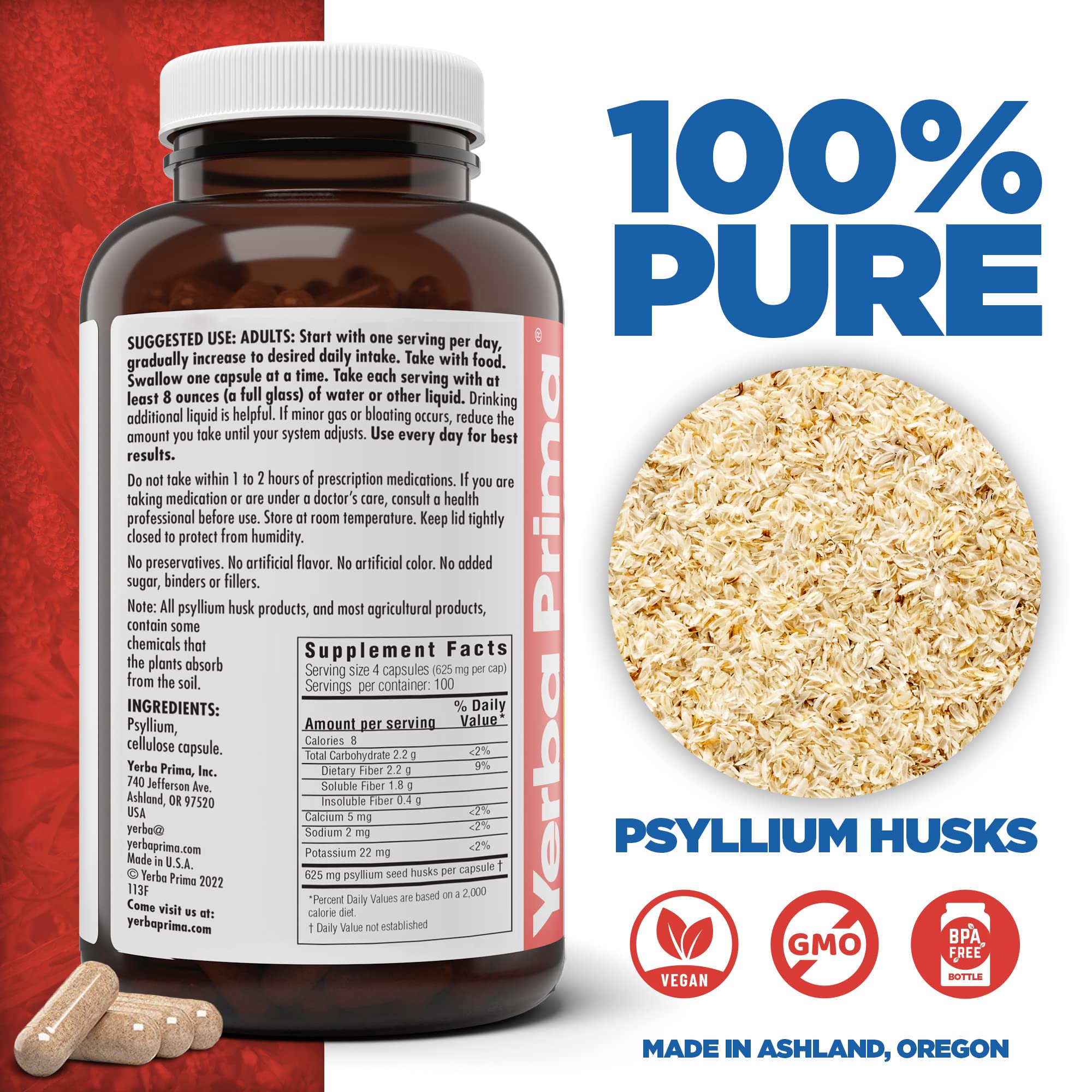 Yerba Prima Psyllium Husk Capsules - 400 Capsules (625 mg) | Vegan, Non-GMO, Gluten Free