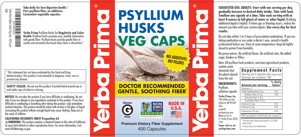 Yerba Prima Psyllium Husk Capsules - 400 Capsules (625 mg) | Vegan, Non-GMO, Gluten Free