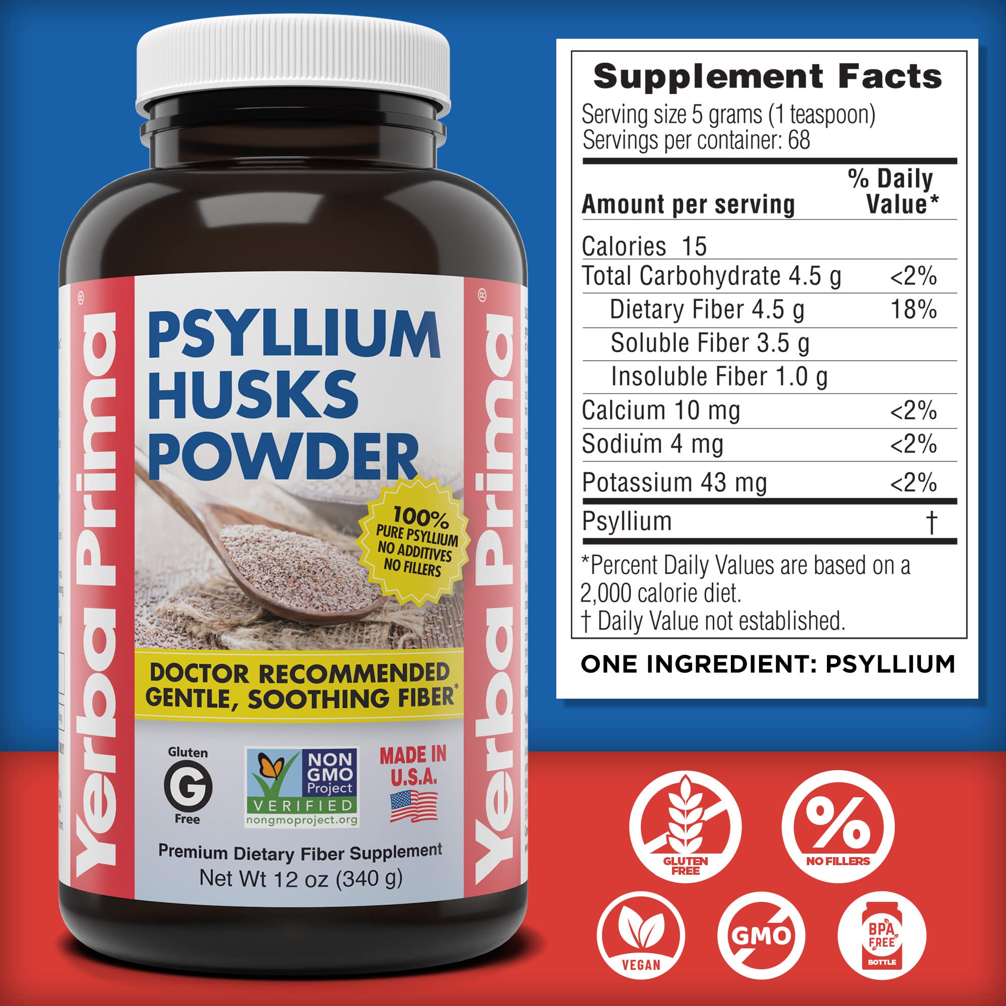 Yerba Prima Psyllium Husks Powder - 4 x 12 oz Pack (New Label) - Natural Fiber for Regularity & Gut Health