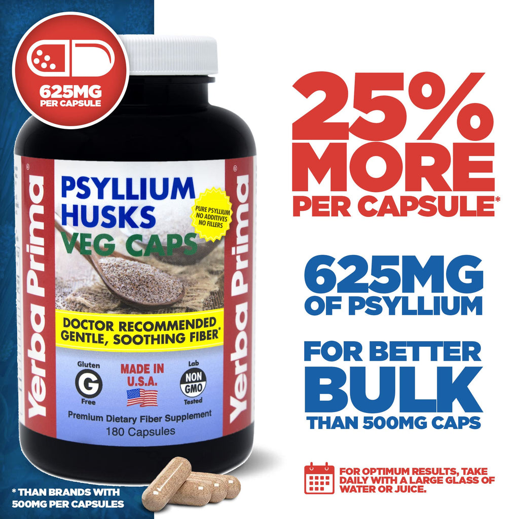 Yerba Prima Psyllium Husk Veg Caps – 180 Count (2 Pack), 625mg – Vegan, Non-GMO, Gluten Free